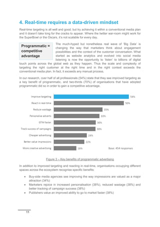 11
4. Real-time requires a data-driven mindset
Real-time targeting is all well and good; but try achieving it within a conventional media plan
and it doesn’t take long for the cracks to appear. Where the twitter war-room might work for
the SuperBowl or the Oscars, it’s not scalable for every day.
The much-hyped but nonetheless real wave of ‘Big Data’ is
changing the way that marketers think about engagement
possibilities and the context of the customer conversation. What
started as website analytics and evolved into social media
listening is now the opportunity to ‘listen’ to billions of digital
touch points across the global web as they happen. Thus the scale and complexity of
targeting the right customer at the right time and in the right context exceeds the
conventional media plan. In fact, it exceeds any manual process.
In our research, over half of all professionals (54%) state that they see improved targeting as
a key benefit of programmatic, and two-thirds (70%) of organisations that have adopted
programmatic did so in order to gain a competitive advantage.
Figure 3 – Key benefits of programmatic advertising
In addition to improved targeting and reacting in real-time, organisations occupying different
spaces across the ecosystem recognise specific benefits:
 Buy-side media agencies see improving the way impressions are valued as a major
attraction (34%)
 Marketers rejoice in increased personalisation (38%), reduced wastage (38%) and
better tracking of campaign success (38%)
 Publishers value an improved ability to go to market faster (38%)
Base: 454 responses
Programmatic =
competitive
advantage
 