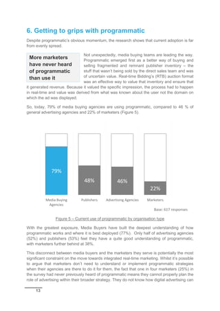 13
6. Getting to grips with programmatic
Despite programmatic’s obvious momentum, the research shows that current adoption is far
from evenly spread.
Not unexpectedly, media buying teams are leading the way.
Programmatic emerged first as a better way of buying and
selling fragmented and remnant publisher inventory – the
stuff that wasn’t being sold by the direct sales team and was
of uncertain value. Real-time Bidding’s (RTB) auction format
was an effective way to value that inventory and ensure that
it generated revenue. Because it valued the specific impression, the process had to happen
in real-time and value was derived from what was known about the user not the domain on
which the ad was displayed.
So, today, 79% of media buying agencies are using programmatic, compared to 46 % of
general advertising agencies and 22% of marketers (Figure 5).
Figure 5 – Current use of programmatic by organisation type
With the greatest exposure, Media Buyers have built the deepest understanding of how
programmatic works and where it is best deployed (77%). Only half of advertising agencies
(52%) and publishers (53%) feel they have a quite good understanding of programmatic,
with marketers further behind at 38%.
This disconnect between media buyers and the marketers they serve is potentially the most
significant constraint on the move towards integrated real-time marketing. Whilst it’s possible
to argue that marketers don’t need to understand or implement programmatic strategies
when their agencies are there to do it for them, the fact that one in four marketers (25%) in
the survey had never previously heard of programmatic means they cannot properly plan the
role of advertising within their broader strategy. They do not know how digital advertising can
79%
48% 46%
22%
Media Buying
Agencies
Publishers Advertising Agencies Marketers
Base: 617 responses
More marketers
have never heard
of programmatic
than use it
 