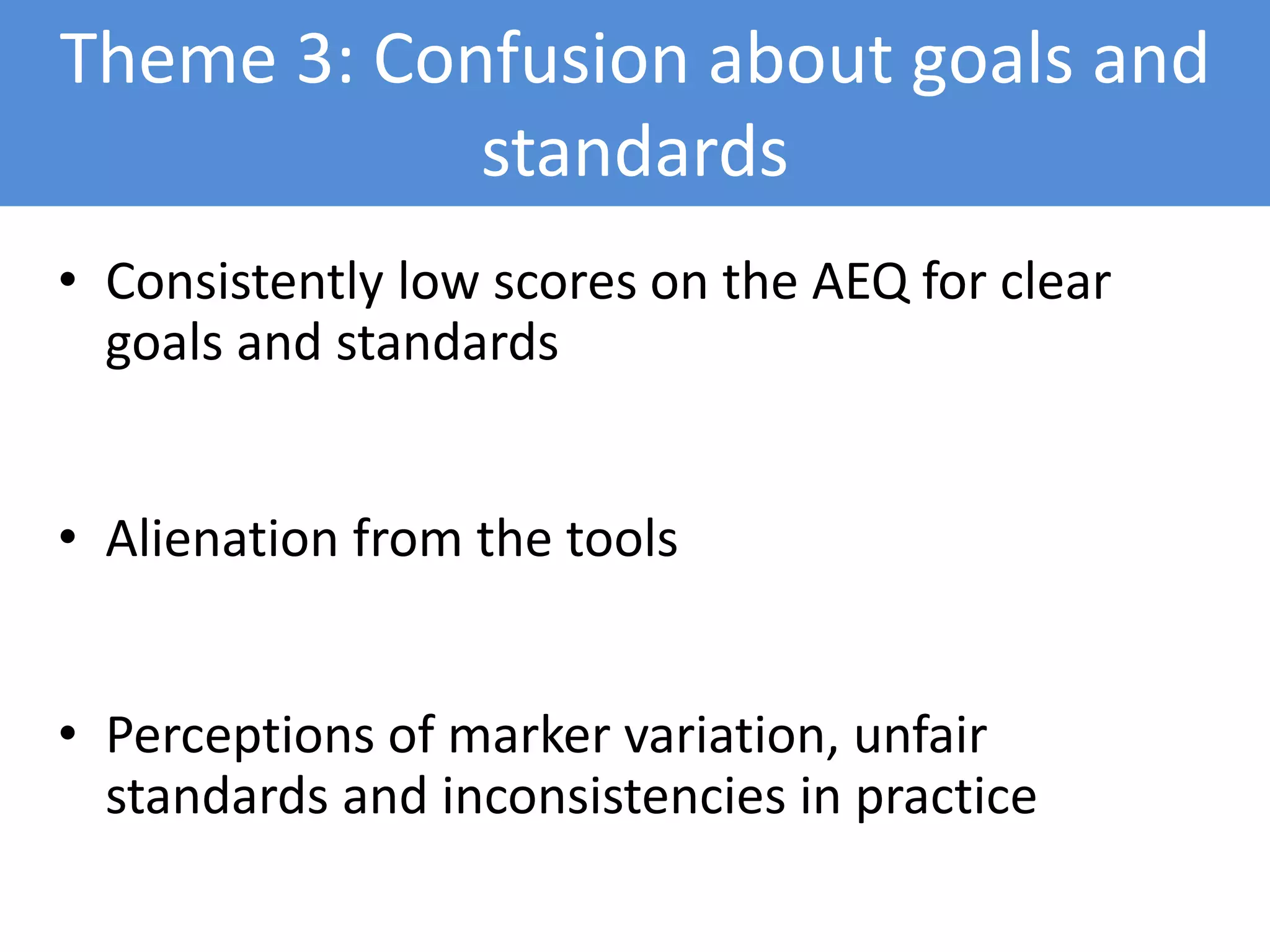 Theme 3: Confusion about goals and
standards
• Consistently low scores on the AEQ for clear
goals and standards
• Alienation from the tools
• Perceptions of marker variation, unfair
standards and inconsistencies in practice
 