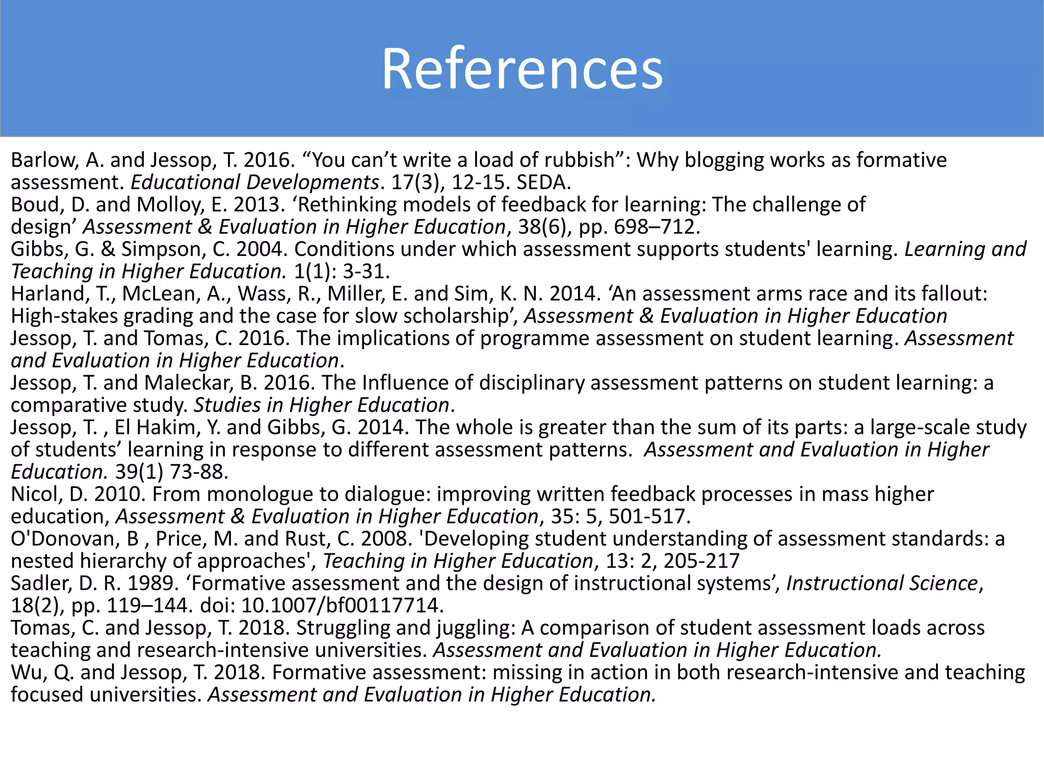 References
Barlow, A. and Jessop, T. 2016. “You can’t write a load of rubbish”: Why blogging works as formative
assessment. Educational Developments. 17(3), 12-15. SEDA.
Boud, D. and Molloy, E. 2013. ‘Rethinking models of feedback for learning: The challenge of
design’ Assessment & Evaluation in Higher Education, 38(6), pp. 698–712.
Gibbs, G. & Simpson, C. 2004. Conditions under which assessment supports students' learning. Learning and
Teaching in Higher Education. 1(1): 3-31.
Harland, T., McLean, A., Wass, R., Miller, E. and Sim, K. N. 2014. ‘An assessment arms race and its fallout:
High-stakes grading and the case for slow scholarship’, Assessment & Evaluation in Higher Education
Jessop, T. and Tomas, C. 2016. The implications of programme assessment on student learning. Assessment
and Evaluation in Higher Education.
Jessop, T. and Maleckar, B. 2016. The Influence of disciplinary assessment patterns on student learning: a
comparative study. Studies in Higher Education.
Jessop, T. , El Hakim, Y. and Gibbs, G. 2014. The whole is greater than the sum of its parts: a large-scale study
of students’ learning in response to different assessment patterns. Assessment and Evaluation in Higher
Education. 39(1) 73-88.
Nicol, D. 2010. From monologue to dialogue: improving written feedback processes in mass higher
education, Assessment & Evaluation in Higher Education, 35: 5, 501-517.
O'Donovan, B , Price, M. and Rust, C. 2008. 'Developing student understanding of assessment standards: a
nested hierarchy of approaches', Teaching in Higher Education, 13: 2, 205-217
Sadler, D. R. 1989. ‘Formative assessment and the design of instructional systems’, Instructional Science,
18(2), pp. 119–144. doi: 10.1007/bf00117714.
Tomas, C. and Jessop, T. 2018. Struggling and juggling: A comparison of student assessment loads across
teaching and research-intensive universities. Assessment and Evaluation in Higher Education.
Wu, Q. and Jessop, T. 2018. Formative assessment: missing in action in both research-intensive and teaching
focused universities. Assessment and Evaluation in Higher Education.
 