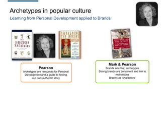 Archetypes in popular culture
Learning from Personal Development applied to Brands

Mark & Pearson
Pearson
Archetypes are resources for Personal
Development and a guide to finding
our own authentic story

Brands are (like) archetypes
Strong brands are consistent and link to
motivations
Brands as „characters‟

 