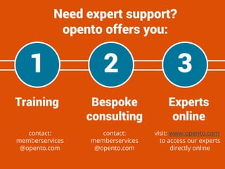 Need expert support?
opento offers you:

1

2

Training

Bespoke
consulting

Experts
online

contact:
memberservices
@opento.com

visit: www.opento.com
to access our experts
directly online

contact:
memberservices
@opento.com

3

 