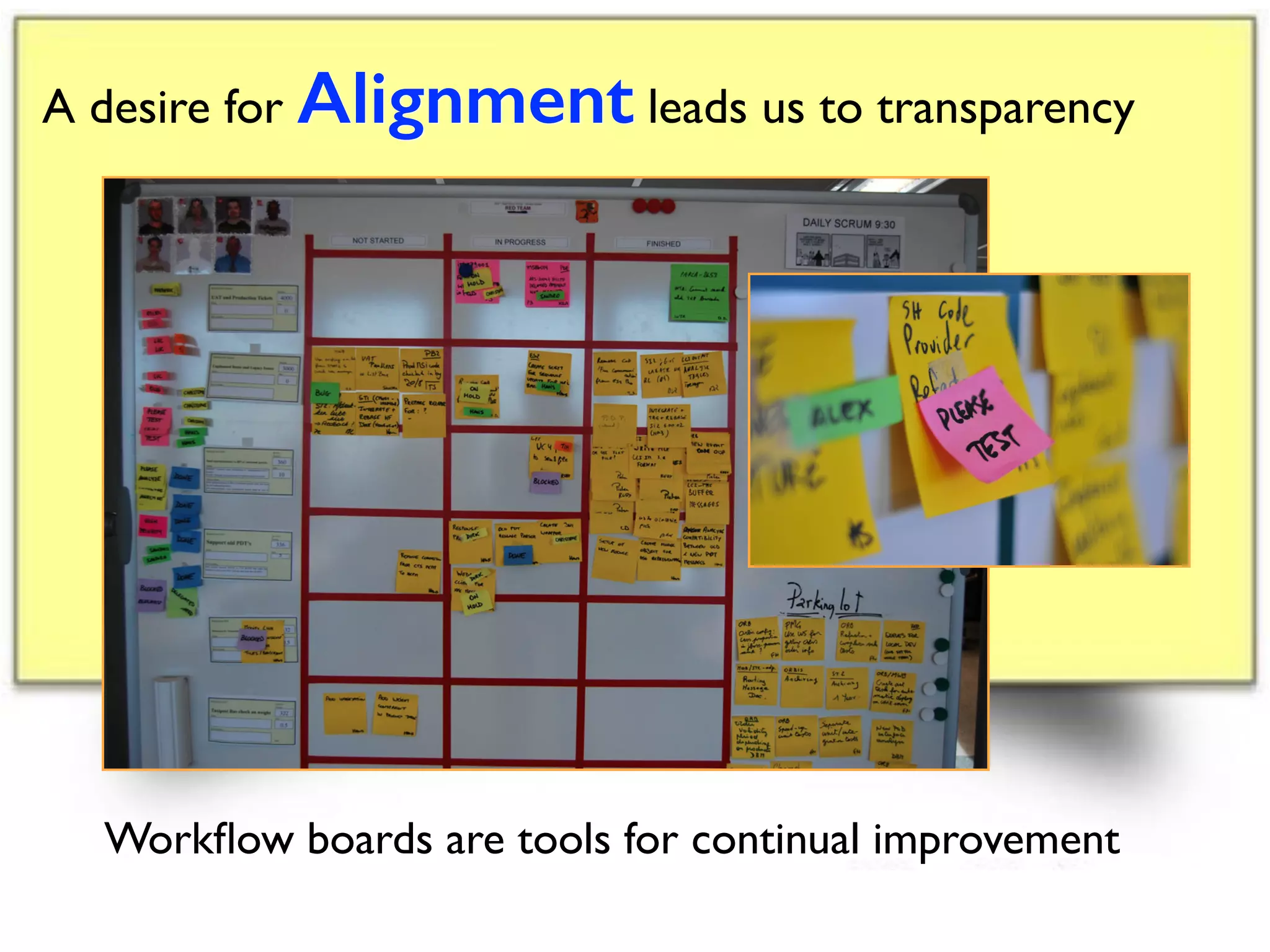 A desire for Alignment leads us to transparency
Workﬂow boards are tools for continual improvement
 