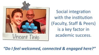 Social integra?on
with the ins?tu?on
(Faculty, Staﬀ & Peers)
is a key factor in
academic success.
“Do I feel welcomed, connected & engaged here?”
Vincent Tinto
 