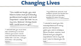 “You made me laugh, you were
there to listen and give friendly
guidance and support and most
important I never felt that I’m on
my own, because I always knew
that I could count on you.”
“I wanted to send you this
message because at many
points over the past 2
years you were a colleague,
fellow student, mentor, and
friend and you played a
significant role in my life
and I want to thank you for
that.”
“I realized that you must have
seen something in me and
without your push I would
never have become the student
leader that I now am. I owe you
more than I can possibly
explain.”
“My professional, personal, and
academic growth over the past four
months would not have been
possible if it wasn't for you.”
Changing Lives
 