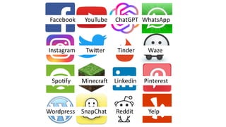 Facebook YouTube ChatGPT WhatsApp
Instagram Twi;er Tinder Waze
Spo?fy MinecraC Linkedin Pinterest
Wordpress SnapChat Reddit Yelp
 