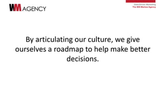 Data-Driven Marketing
The Will Marlow Agency
By articulating our culture, we give
ourselves a roadmap to help make better
...