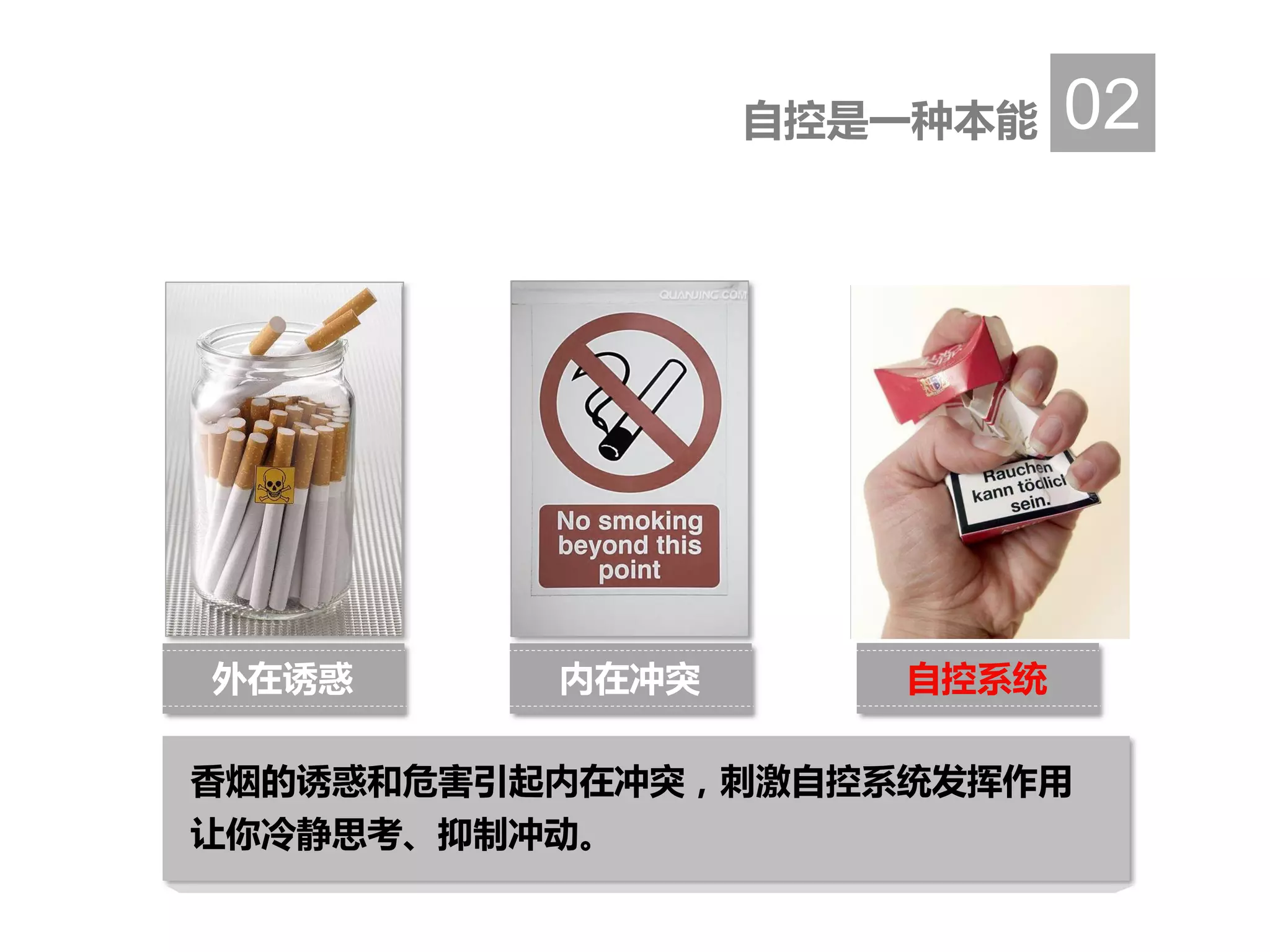 自控是一种本能 02
内在冲突外在诱惑 自控系统
香烟的诱惑和危害引起内在冲突，刺激自控系统发挥作用
让你冷静思考、抑制冲动。
 