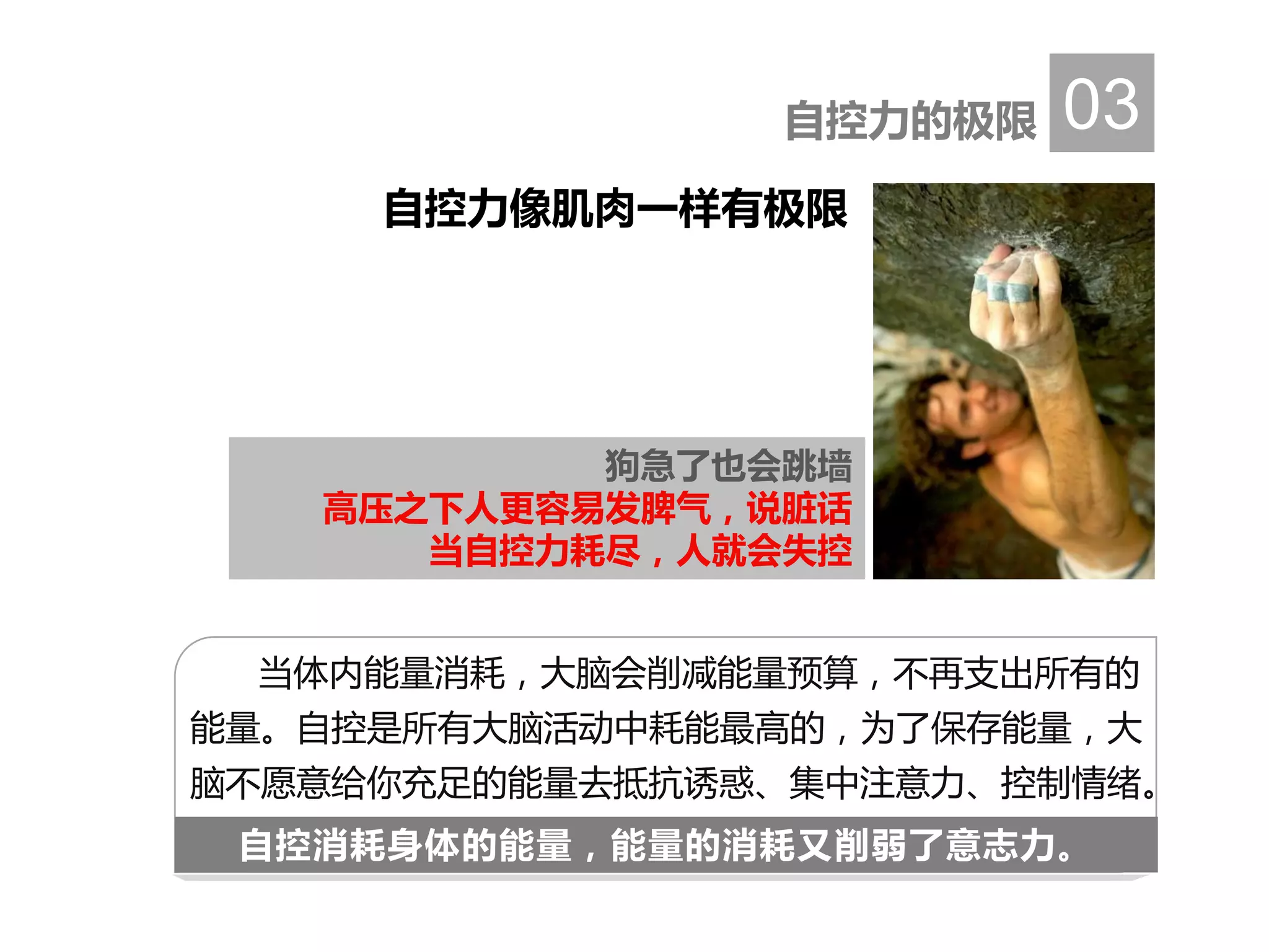 自控力的极限 03
自控力像肌肉一样有极限
狗急了也会跳墙
高压之下人更容易发脾气，说脏话
当自控力耗尽，人就会失控
自控消耗身体的能量，能量的消耗又削弱了意志力。
当体内能量消耗，大脑会削减能量预算，不再支出所有的
能量。自控是所有大脑活动中耗能最高的，为了保存能量，大
脑不愿意给你充足的能量去抵抗诱惑、集中注意力、控制情绪。
 