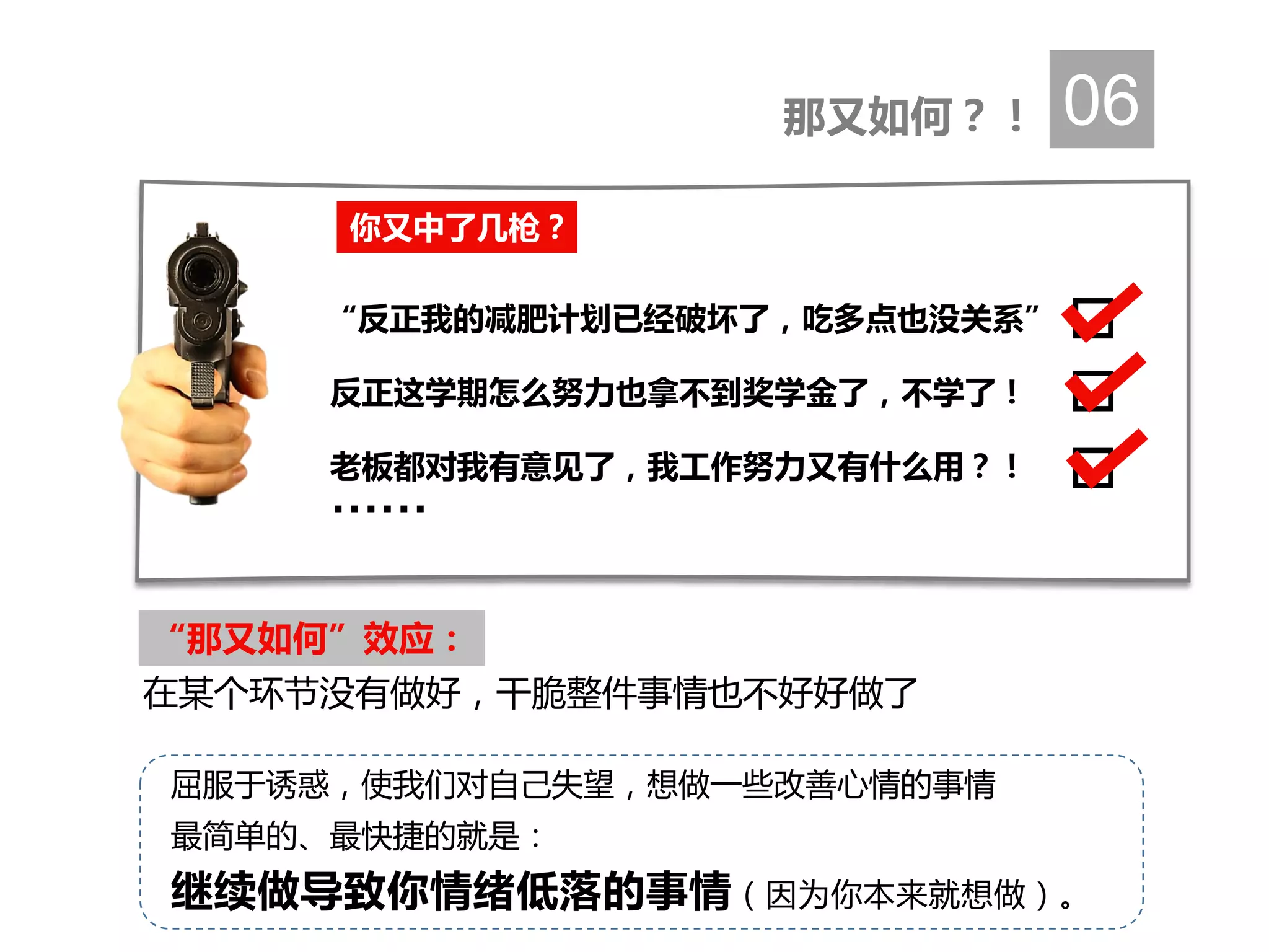在某个环节没有做好，干脆整件事情也不好好做了
最简单的、最快捷的就是：
继续做导致你情绪低落的事情（因为你本来就想做）。
那又如何？！ 06
“那又如何”效应：
屈服于诱惑，使我们对自己失望，想做一些改善心情的事情
你又中了几枪？
“反正我的减肥计划已经破坏了，吃多点也没关系”
反正这学期怎么努力也拿不到奖学金了，不学了！
老板都对我有意见了，我工作努力又有什么用？！
……
 
