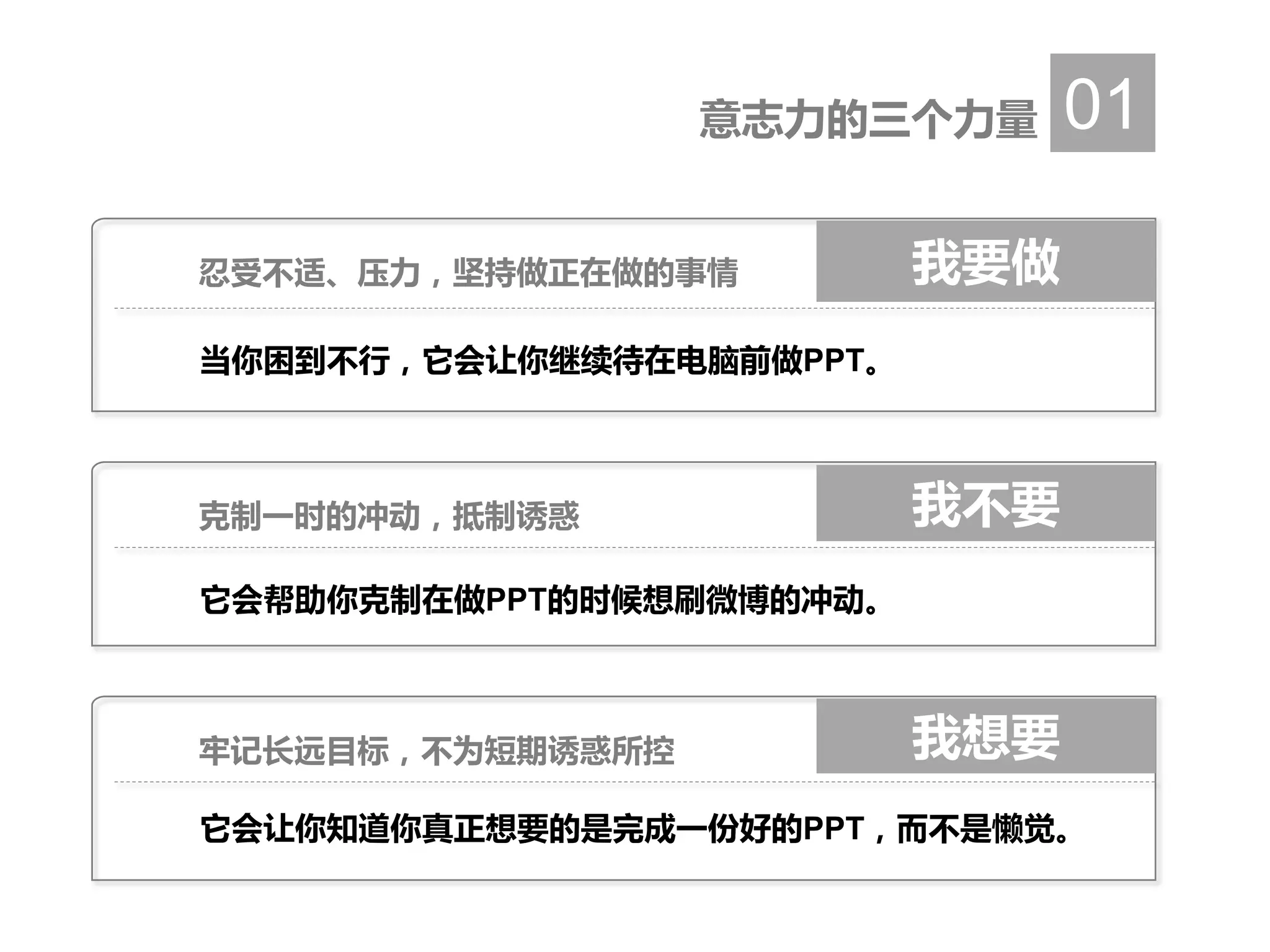 意志力的三个力量 01
忍受不适、压力，坚持做正在做的事情 我要做
当你困到不行，它会让你继续待在电脑前做PPT。
克制一时的冲动，抵制诱惑 我不要
它会帮助你克制在做PPT的时候想刷微博的冲动。
牢记长远目标，不为短期诱惑所控 我想要
它会让你知道你真正想要的是完成一份好的PPT，而不是懒觉。
 