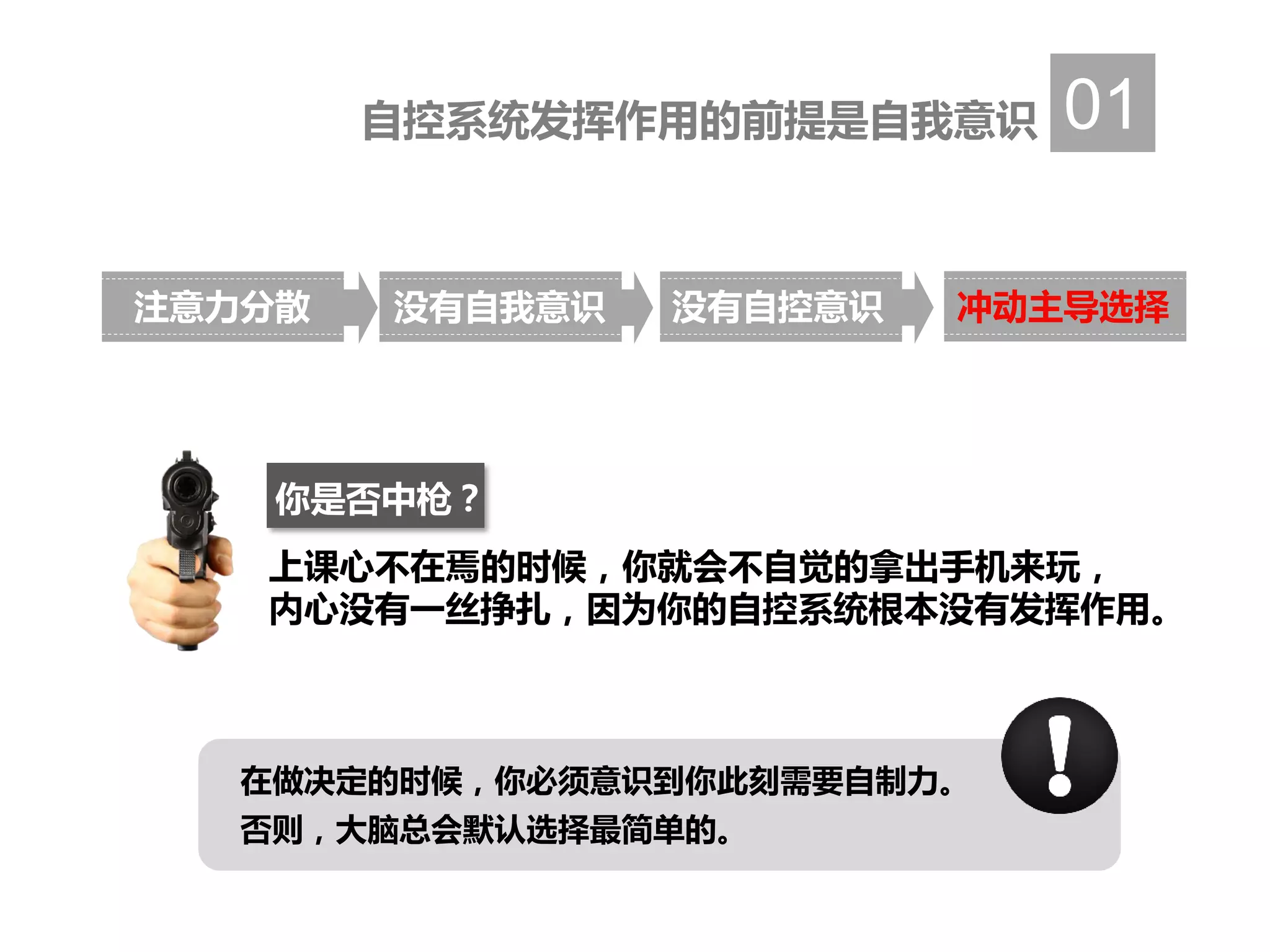 自控系统发挥作用的前提是自我意识 01
注意力分散 冲动主导选择没有自我意识 没有自控意识
上课心不在焉的时候，你就会不自觉的拿出手机来玩，
内心没有一丝挣扎，因为你的自控系统根本没有发挥作用。
在做决定的时候，你必须意识到你此刻需要自制力。
否则，大脑总会默认选择最简单的。
你是否中枪？
 