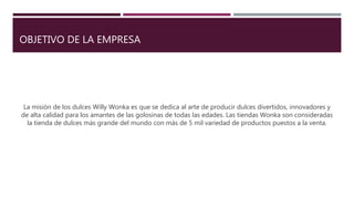 OBJETIVO DE LA EMPRESA
La misión de los dulces Willy Wonka es que se dedica al arte de producir dulces divertidos, innovadores y
de alta calidad para los amantes de las golosinas de todas las edades. Las tiendas Wonka son consideradas
la tienda de dulces más grande del mundo con más de 5 mil variedad de productos puestos a la venta.
 