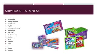 SERVICIOS DE LA EMPRESA
 Barra Wonka
 Cápsulas de botella
 Nerds Cuerda
 Pixy Stix
 Gobstopper Everlasting
 Diversión Dip
 Laffy Taffy
 Wonka Gummies
 Shockers
 Spree
 Sweetarts
 Runts
 Kazoozles
 Mixups
 Randoms
 