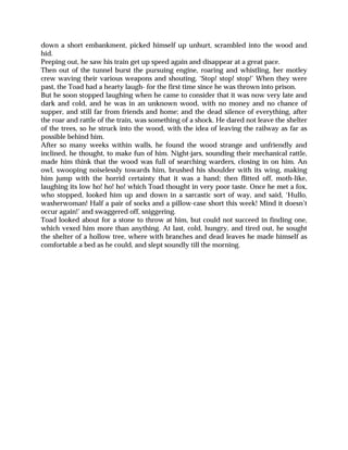 down a short embankment, picked himself up unhurt, scrambled into the wood and
hid.
Peeping out, he saw his train get up speed again and disappear at a great pace.
Then out of the tunnel burst the pursuing engine, roaring and whistling, her motley
crew waving their various weapons and shouting, ‘Stop! stop! stop!’ When they were
past, the Toad had a hearty laugh- for the first time since he was thrown into prison.
But he soon stopped laughing when he came to consider that it was now very late and
dark and cold, and he was in an unknown wood, with no money and no chance of
supper, and still far from friends and home; and the dead silence of everything, after
the roar and rattle of the train, was something of a shock. He dared not leave the shelter
of the trees, so he struck into the wood, with the idea of leaving the railway as far as
possible behind him.
After so many weeks within walls, he found the wood strange and unfriendly and
inclined, he thought, to make fun of him. Night-jars, sounding their mechanical rattle,
made him think that the wood was full of searching warders, closing in on him. An
owl, swooping noiselessly towards him, brushed his shoulder with its wing, making
him jump with the horrid certainty that it was a hand; then flitted off, moth-like,
laughing its low ho! ho! ho! which Toad thought in very poor taste. Once he met a fox,
who stopped, looked him up and down in a sarcastic sort of way, and said, ‘Hullo,
washerwoman! Half a pair of socks and a pillow-case short this week! Mind it doesn’t
occur again!’ and swaggered off, sniggering.
Toad looked about for a stone to throw at him, but could not succeed in finding one,
which vexed him more than anything. At last, cold, hungry, and tired out, he sought
the shelter of a hollow tree, where with branches and dead leaves he made himself as
comfortable a bed as he could, and slept soundly till the morning.
 