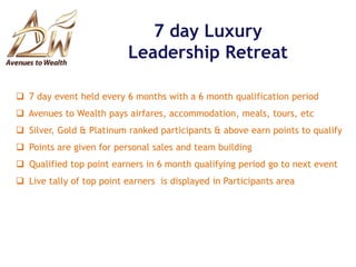 Momentum Builds Very QuicklyYOUBOBSUELeft TeamRight TeamTOMANN= $Tom & Ann both make two personal sales and become BRONZEYou receive 1 Wealth Cycle PaymentALIWhen you achieve another 2 Bronze Team Members with “1” in the LEFT team and “1 in the RIGHT team you are paid another WEALTH CYCLEpayment.