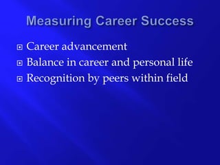  Career advancement
Balance in career and personal life
Recognition by peers within field