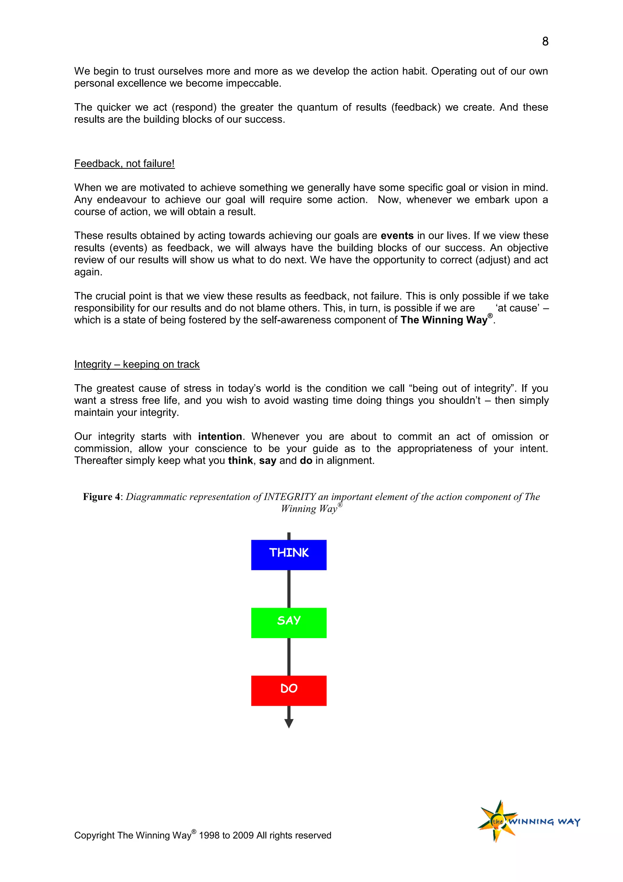 8

We begin to trust ourselves more and more as we develop the action habit. Operating out of our own
personal excellence we become impeccable.

The quicker we act (respond) the greater the quantum of results (feedback) we create. And these
results are the building blocks of our success.



Feedback, not failure!

When we are motivated to achieve something we generally have some specific goal or vision in mind.
Any endeavour to achieve our goal will require some action. Now, whenever we embark upon a
course of action, we will obtain a result.

These results obtained by acting towards achieving our goals are events in our lives. If we view these
results (events) as feedback, we will always have the building blocks of our success. An objective
review of our results will show us what to do next. We have the opportunity to correct (adjust) and act
again.

The crucial point is that we view these results as feedback, not failure. This is only possible if we take
responsibility for our results and do not blame others. This, in turn, is possible if we are   „at cause‟ –
                                                                                             ®
which is a state of being fostered by the self-awareness component of The Winning Way .



Integrity – keeping on track

The greatest cause of stress in today‟s world is the condition we call “being out of integrity”. If you
want a stress free life, and you wish to avoid wasting time doing things you shouldn‟t – then simply
maintain your integrity.

Our integrity starts with intention. Whenever you are about to commit an act of omission or
commission, allow your conscience to be your guide as to the appropriateness of your intent.
Thereafter simply keep what you think, say and do in alignment.


 Figure 4: Diagrammatic representation of INTEGRITY an important element of the action component of The
                                             Winning Way®



                                           THINK




                                             SAY




                                              DO




                          ®
Copyright The Winning Way 1998 to 2009 All rights reserved
 