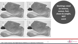 11
©	
  2015 Creative Commons. Some Rights Reserved. AbleBrains, LLC @stevemann #ConfluenceCon
Stockings	
  rated	
  
on	
  texture,	
  
weave,	
  feel,	
  
sheen	
  &	
  weight,	
  
NOT	
  
scent	
  
 