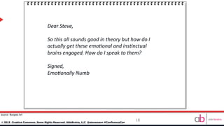 18
©	
  2015 Creative Commons. Some Rights Reserved. AbleBrains, LLC @stevemann #ConfluenceCon
Dear	
  Steve,	
  
	
  	
  
So	
  this	
  all	
  sounds	
  good	
  in	
  theory	
  but	
  how	
  do	
  I	
  
actually	
  get	
  these	
  emo9onal	
  and	
  ins9nctual	
  
brains	
  engaged.	
  How	
  do	
  I	
  speak	
  to	
  them?	
  
	
  	
  
Signed,	
  
Emo9onally	
  Numb	
  
	
  	
  
source: Burgess Art
 