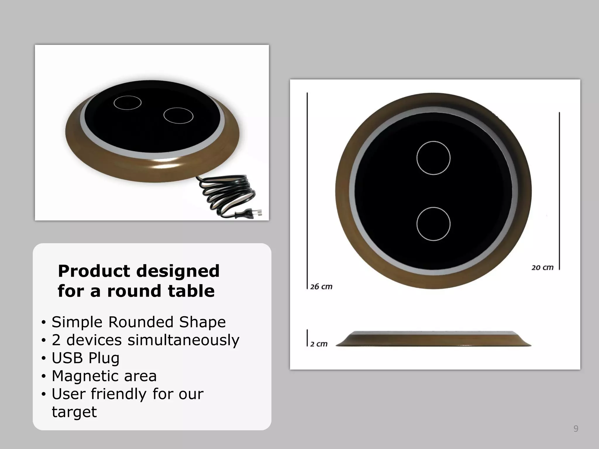 Product designed
for a round table
• Simple Rounded Shape
• 2 devices simultaneously
• USB Plug
• Magnetic area
• User friendly for our
target
9
 