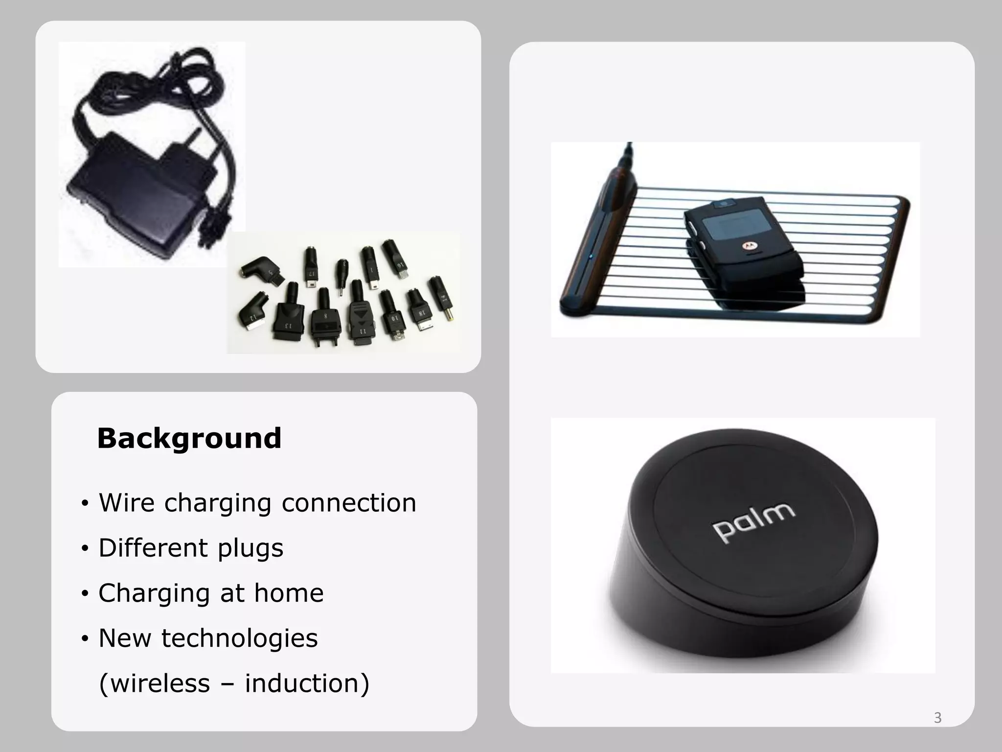 Background
• Wire charging connection
• Different plugs
• Charging at home
• New technologies
(wireless – induction)
3
 