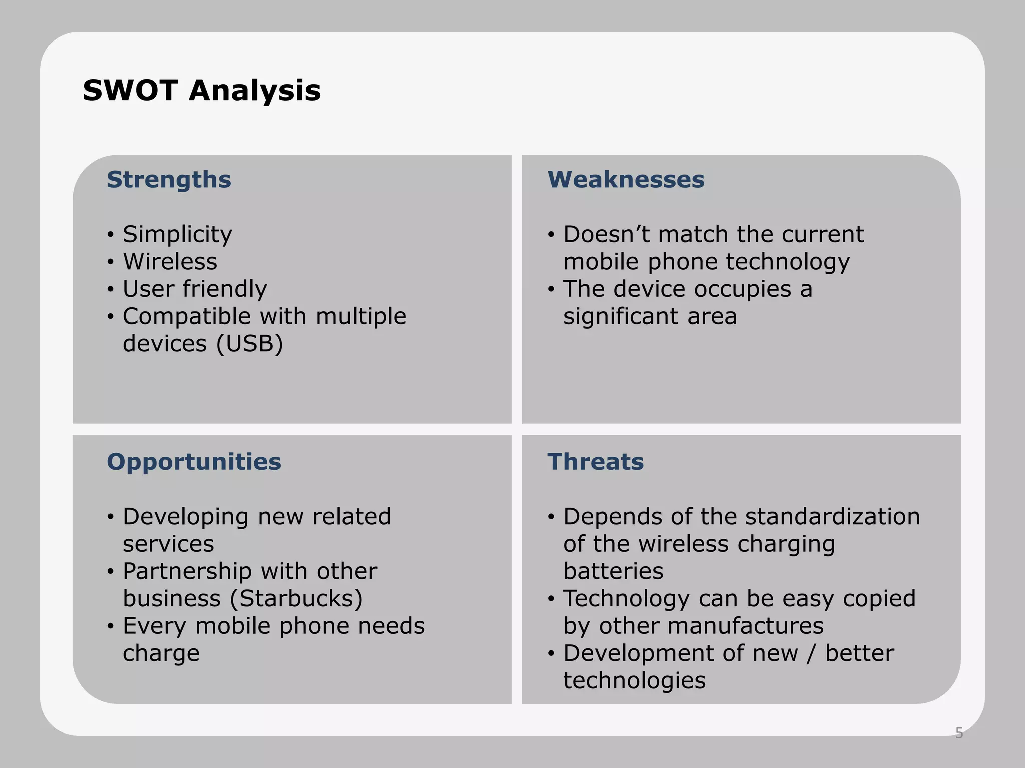 SWOT Analysis
Strengths
• Simplicity
• Wireless
• User friendly
• Compatible with multiple
devices (USB)
Weaknesses
• Doesn’t match the current
mobile phone technology
• The device occupies a
significant area
Opportunities
• Developing new related
services
• Partnership with other
business (Starbucks)
• Every mobile phone needs
charge
Threats
• Depends of the standardization
of the wireless charging
batteries
• Technology can be easy copied
by other manufactures
• Development of new / better
technologies
5
 