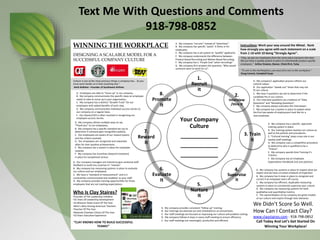A. My company u lizes mul ple ways to say
“Thank you” to our employees.
B. My company has a specific standard we use to
determine if someone gets recogni on publicly.
C. Our employees are aware of our reward system
and the criteria involved.
D. Our employees are recognized and rewarded
o en for their posi ve achievements.
E. My company has a system in place for employee
rewards.
F. My company has incen ves (beyond monetary)
in place for excep onal service.
A. My company “recruits” instead of “adver ses”.
B. My company has specific “pools” it fishes in for
employees.
C. My company has a set system to “qualify” applicants.
E. My company understands the difference between
Product Based Recrui ng and Market Based Recrui ng.
F. My company has a “Purple Cow” when recrui ng?
G. My company first answers the ques on, “Why would
someone want to work for us”.
Your Company
Culture
____________
____________
____________
1.
Recruit
It
2.
Interview
/Hire It
3. Train
It
4.
Supervise
It
5.
Nurture
It
6.
Evaluate
It
7.
Reward
It
8.
Promote
It
A. My company’s applica on process reflects our
cultural values.
B. Our applica on “weeds out” those that may not
fit our culture.
C. We have 5 ques ons we ask to determine if the
candidate fits in our culture.
D. Our interview ques ons are a balance of “Data
Ques ons” and “Revealing Ques ons”.
E. My company always evaluates the interviewer.
F. My company has a system in place to explain what
the first two weeks of employment look like for a
new employee.
WINNING THE WORKPLACE
A. Employees are able to “move up” in my company.
B. My company communicates the specific steps an employee
needs to take to move up in your organiza on.
C. My company has a dis nct “Growth Track” for our
employees with added benefits of each step.
D. My company communicates individual success stories to
our company on a regular basis.
E. Our Owner/CEO is o en involved in recognizing our
employee success stories.
A. My company has a specific, approved
training system in place.
B. Our training system teaches our culture as
well as the policies and procedures.
C. “Cultural training” plays a key role in our
weekly staff mee ngs.
D. My company uses a compe ve procedure
to determine who is qualified to be a
“Trainer”.
E. My company spends me Training it’s
Trainers.
F. My Company has an Employee
Expecta ons Handbook (not just policies).
A. My company has systems in place to inspect what we
expect and we have a trusted schedule of inspec on.
B. My company has 4 steps in place to recognize and
correct if an employee veers off course.
C. My company has efficient, duplicable measuring
systems in place to consistently supervise your culture.
D. My company has measuring systems for both
qualita ve and quan ta ve metrics.
E. The owner/leaders of my company are great models
of our culture and inspire through their behavior.
A. My company provides consistent “follow up” training.
B. Our trainings are planned out and scheduled on an annual basis.
C. Our staff mee ngs are focused on improving our culture and problem solving.
D. My company follows 6 steps in every staff mee ng to ensure efficiency.
E. Our staff mee ngs are meaningful, produc ve and efficient.
A. Our company managers are trained to give con nual staff
feedback to avoid any surprises in “reviews”.
B. My company has measuring systems in place to evaluate
our culture and our employees.
C. We have a “standard of measurement” and is it
consistently communicated and modeled to your staff.
D. My company provides training opportuni es for those
employees that are not mee ng expecta ons.
DESIGNING A SCALABLE MODEL FOR A
SUCCESSFUL COMPANY CULTURE
Who Is Clay Staires?
•Founder of The Leadership Ini a ve
•25 Years Of Leadership Development
•3x Missouri State Coach Of The Year
•Who’s Who Among American Teachers
•Teacher Of The Year
•Skiatook Chamber Ci zen Of The Year
•10 Years Execu ve Experience
“CLAY KNOWS HOW TO BUILD SUCCESSFUL
TEAMS!”
“Clay, we get our employees from the same place everyone else does.
We just have a quality system in place to inten onally produce quality
employees.” Arthur Greeno, Owner, Chick-fil-A, Tulsa
“To win in the marketplace, you must irst win in the workplace.”
Doug Conant, Campbell Soup:
We Didn’t Score So Well.
How Can I Contact Clay?
www.claystaires.com - 918-798-0852
Call Today And Let’s Get Started On
Winning Your Workplace!
Culture is one of the most precious things a company has... So you
must work harder on it than anything else.”
Herb Kelleher –Founder of Southwest Airlines
Instruc ons: Work your way around the Wheel. Rank
how strongly you agree with each statement on a scale
from 1-10 with 10 being “Strongly Agree”.
Text Me With Questions and Comments
918-798-0852
 
