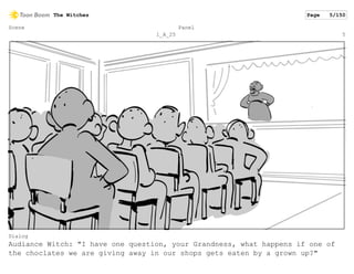 Scene
1_A_25
Panel
5
Dialog
Audiance Witch: "I have one question, your Grandness, what happens if one of
the choclates we are giving away in our shops gets eaten by a grown up?"
The Witches Page 5/150
 