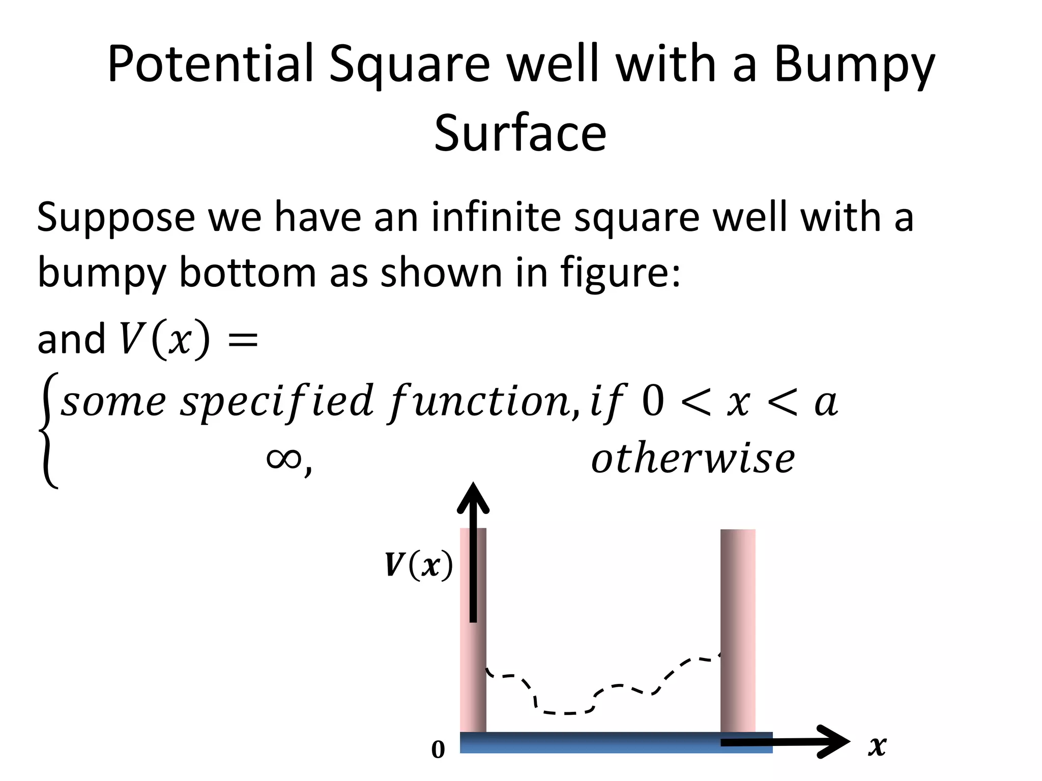 Potential Square well with a Bumpy
Surface
Suppose we have an infinite square well with a
bumpy bottom as shown in figure:
and 𝑉 𝑥 =
𝑠𝑜𝑚𝑒 𝑠𝑝𝑒𝑐𝑖𝑓𝑖𝑒𝑑 𝑓𝑢𝑛𝑐𝑡𝑖𝑜𝑛, 𝑖𝑓 0 < 𝑥 < 𝑎
∞, 𝑜𝑡ℎ𝑒𝑟𝑤𝑖𝑠𝑒
𝑽 𝒙
𝒙𝟎
 