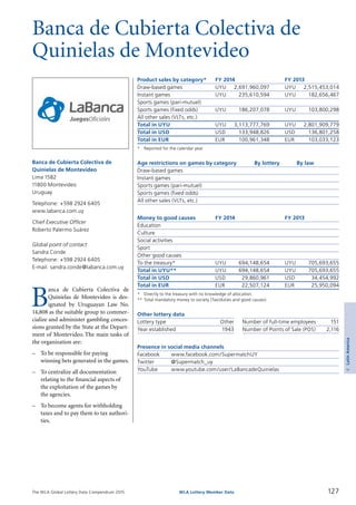 The WLA Global Lottery Data Compendium 2015
Banca de Cubierta Colectiva de
Quinielas de Montevideo
Product sales by category*	 FY 2014		 FY 2013
Draw-based games	 UYU	 2,691,960,097	 UYU	 2,515,453,014
Instant games	 UYU	 235,610,594	 UYU	 182,656,467
Sports games (pari-mutuel)				
Sports games (fixed odds)	 UYU	 186,207,078	 UYU	 103,800,298
All other sales (VLTs, etc.)				
Total in UYU	 UYU	 3,113,777,769	 UYU	 2,801,909,779
Total in USD	 USD	 133,948,826	 USD	 136,801,258
Total in EUR	 EUR	 100,961,348	 EUR	 103,033,123
*	 Reported for the calendar year.
Age restrictions on games by category	 By lottery	 By law
Draw-based games		
Instant games		
Sports games (pari-mutuel)		
Sports games (fixed odds)		
All other sales (VLTs, etc.)		
Money to good causes	 FY 2014		 FY 2013
Education				
Culture				
Social activities				
Sport				
Other good causes				
To the treasury*	 UYU	 694,148,654	 UYU	 705,693,655
Total in UYU**	 UYU	 694,148,654	 UYU	 705,693,655
Total in USD	 USD	 29,860,961	 USD	 34,454,992
Total in EUR	 EUR	 22,507,124	 EUR	 25,950,094
*	 Directly to the treasury with no knowledge of allocation.
**	Total mandatory money to society (Tax/duties and good causes).
Other lottery data
Lottery type	 Other 	 Number of full-time employees	 151
Year established	 1943 	 Number of Points of Sale (POS)	 2,116
Presence in social media channels
Facebook	 www.facebook.com/SupermatchUY
Twitter	 @Supermatch_uy
YouTube	 www.youtube.com/user/LaBancadeQuinielas
B
anca de Cubierta Colectiva de
Quinielas de Montevideo is des­
ignated by Uruguayan Law No.
14,808 as the suitable group to commer­
cialize and administer gambling conces­
sions granted by the State at the Depart­
ment of Montevideo. The main tasks of
the organization are:
–	 To be responsible for paying
winning bets generated in the games.
–	 To centralize all documentation
relating to the financial aspects of
the exploitation of the games by
the agencies.
–	 To become agents for withholding
taxes and to pay them to tax authori­
ties.
Banca de Cubierta Colectiva de
Quinielas de Montevideo
Lima 1582
11800 Montevideo
Uruguay
Telephone: +598 2924 6405
www.labanca.com.uy
Chief Executive Officer
Roberto Palermo Suárez
Global point of contact
Sandra Conde
Telephone: +598 2924 6405
E-mail: sandra.conde@labanca.com.uy
127WLA Lottery Member Data
4LatinAmerica
 