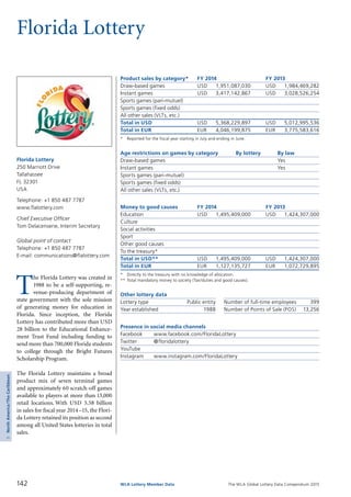 The WLA Global Lottery Data Compendium 2015
Florida Lottery
T
he Florida Lottery was created in
1988 to be a self-supporting, re­
venue-producing department of
state government with the sole mission
of generating money for education in
Florida. Since inception, the Florida
Lottery has contributed more than USD
28 billion to the Educational Enhance­
ment Trust Fund including funding to
send more than 700,000 Florida students
to college through the Bright Futures
Scholarship Program.
The Florida Lottery maintains a broad
product mix of seven terminal games
and approximately 60 scratch-off games
available to players at more than 13,000
retail locations. With USD 5.58 billion
in sales for fiscal year 2014–15, the Flori­
da Lottery retained its position as second
among all United States lotteries in total
sales.
Florida Lottery
250 Marriott Drive
Tallahassee
FL 32301
USA
Telephone: +1 850 487 7787
www.flalottery.com
Chief Executive Officer
Tom Delacenserie, Interim Secretary
Global point of contact
Telephone: +1 850 487 7787
E-mail: communications@flalottery.com
Product sales by category*	 FY 2014		 FY 2013
Draw-based games	 USD	 1,951,087,030	 USD	 1,984,469,282
Instant games	 USD	 3,417,142,867	 USD	 3,028,526,254
Sports games (pari-mutuel)				
Sports games (fixed odds)				
All other sales (VLTs, etc.)				
Total in USD	 USD	 5,368,229,897	 USD	 5,012,995,536
Total in EUR	 EUR	 4,046,199,875	 EUR	 3,775,583,616
*	 Reported for the fiscal year starting in July and ending in June.
Age restrictions on games by category	 By lottery	 By law
Draw-based games		 Yes
Instant games		 Yes
Sports games (pari-mutuel)		
Sports games (fixed odds)		
All other sales (VLTs, etc.)		
Money to good causes	 FY 2014		 FY 2013
Education	 USD	 1,495,409,000	 USD	 1,424,307,000
Culture				
Social activities				
Sport				
Other good causes				
To the treasury*				
Total in USD**	 USD	 1,495,409,000	 USD	 1,424,307,000
Total in EUR	 EUR	 1,127,135,727	 EUR	 1,072,729,895
*	 Directly to the treasury with no knowledge of allocation.
**	Total mandatory money to society (Tax/duties and good causes).
Other lottery data
Lottery type	 Public entity 	 Number of full-time employees	 399
Year established	 1988 	 Number of Points of Sale (POS)	 13,256
Presence in social media channels
Facebook	 www.facebook.com/FloridaLottery
Twitter	 @floridalottery
YouTube	
Instagram	 www.instagram.com/FloridaLottery
142 WLA Lottery Member Data
5NorthAmerica/TheCaribbean
 