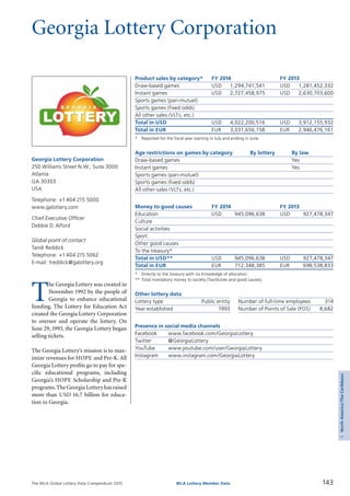 The WLA Global Lottery Data Compendium 2015
Georgia Lottery Corporation
T
he Georgia Lottery was created in
November 1992 by the people of
Georgia to enhance educational
funding. The Lottery for Education Act
created the Georgia Lottery Corporation
to oversee and operate the lottery. On
June 29, 1993, the Georgia Lottery began
selling tickets.
The Georgia Lottery’s mission is to max­
imize revenues for HOPE and Pre-K. All
Georgia Lottery profits go to pay for spe­
cific educational programs, including
Georgia’s HOPE Scholarship and Pre-K
programs.TheGeorgiaLotteryhasraised
more than USD 16.7 billion for educa­
tion in Georgia.
Georgia Lottery Corporation
250 Williams Street N.W., Suite 3000
Atlanta
GA 30303
USA
Telephone: +1 404 215 5000
www.galottery.com
Chief Executive Officer
Debbie D. Alford
Global point of contact
Tandi Reddick
Telephone: +1 404 215 5062
E-mail: treddick@galottery.org
143
Product sales by category*	 FY 2014		 FY 2013
Draw-based games	 USD	 1,294,741,541	 USD	 1,281,452,332
Instant games	 USD	 2,727,458,975	 USD	 2,630,703,600
Sports games (pari-mutuel)				
Sports games (fixed odds)				
All other sales (VLTs, etc.)				
Total in USD	 USD	 4,022,200,516	 USD	 3,912,155,932
Total in EUR	 EUR	 3,031,656,158	 EUR	 2,946,476,161
*	 Reported for the fiscal year starting in July and ending in June.
Age restrictions on games by category	 By lottery	 By law
Draw-based games		 Yes
Instant games		 Yes
Sports games (pari-mutuel)		
Sports games (fixed odds)		
All other sales (VLTs, etc.)		
Money to good causes	 FY 2014		 FY 2013
Education	 USD	 945,096,638	 USD	 927,478,347
Culture				
Social activities				
Sport				
Other good causes				
To the treasury*				
Total in USD**	 USD	 945,096,638	 USD	 927,478,347
Total in EUR	 EUR	 712,348,385	 EUR	 698,538,833
*	 Directly to the treasury with no knowledge of allocation.
**	Total mandatory money to society (Tax/duties and good causes).
Other lottery data
Lottery type	 Public entity 	 Number of full-time employees	 314
Year established	 1993 	 Number of Points of Sale (POS)	 8,682
Presence in social media channels
Facebook	 www.facebook.com/GeorgiaLottery
Twitter	 @GeorgiaLottery
YouTube	 www.youtube.com/user/GeorgiaLottery
Instagram	 www.instagram.com/GeorgiaLottery
WLA Lottery Member Data
5NorthAmerica/TheCaribbean
 