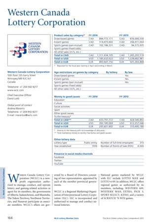 The WLA Global Lottery Data Compendium 2015
Western Canada
Lottery Corporation
Product sales by category*	 FY 2014		 FY 2013
Draw-based games	 CAD	 894,772,171	 CAD	 876,006,530
Instant games	 CAD	 314,475,603	 CAD	 294,971,054
Sports games (pari-mutuel)	 CAD	 102,186,331	 CAD	 94,315,935
Sports games (fixed odds)				
All other sales (VLTs, etc.)				
Total in CAD	 CAD	 1,311,434,105	 CAD	 1,265,293,519
Total in USD	 USD	 1,185,632,622	 USD	 1,228,682,981
Total in EUR	 EUR	 893,647,750	 EUR	 925,393,868
*	 Reported for the fiscal year starting in April and ending in March.
Age restrictions on games by category	 By lottery	 By law
Draw-based games		 Yes
Instant games		 Yes
Sports games (pari-mutuel)		 Yes
Sports games (fixed odds)		
All other sales (VLTs, etc.)		
Money to good causes	 FY 2014		 FY 2013
Education				
Culture				
Social activities				
Sport				
Other good causes				
To the treasury*				
Total in CAD**	 CAD	 433,797,772	 CAD	 424,540,892
Total in USD	 USD	 392,185,004	 USD	 412,257,046
Total in EUR	 EUR	 295,601,892	 EUR	 310,495,180
*	 Directly to the treasury with no knowledge of allocation.
**	Total mandatory money to society (Tax/duties and good causes).
Other lottery data
Lottery type	 Public entity 	 Number of full-time employees	 315
Year established	 1974 	 Number of Points of Sale (POS)	 4,500
Presence in social media channels
Facebook	
Twitter	
YouTube	
W
estern Canada Lottery Cor­
poration (WCLC) is a non-
profit organization autho­
rized to manage, conduct, and operate
lottery and gaming-related activities as
agent for its members, the governments
of Alberta, Saskatchewan, and Manitoba.
The Yukon Territory, Northwest Territo­
ries, and Nunavut participate as associ-
ate members. WCLC’s affairs are gov­
Western Canada Lottery Corporation
10th floor,125 Garry Street
Winnipeg MB R3C 4J1
Canada
Telephone: +1 204 942 8217
www.wclc.com
Chief Executive Officer
David Loeb
Global point of contact
Andrea Marantz
Telephone: +1 204 942 8217
E-mail: marantza@wclc.com
erned by a Board of Directors consist-
ing of two representatives appointed by
each of the member provincial govern­
ments.
WCLC is a Regional Marketing Organi­
zation of Interprovincial Lottery Corpo­
ration (ILC). ILC is incorporated and
authorized to manage and conduct na­
tional lotteries.
National games marketed by WCLC
with ILC include LOTTO MAX and
LOTTO 6/49. In addition, WCLC offers
regional games as authorized by its
members, including: WESTERN 649,
WESTERN MAX, EXTRA, PICK 3,
SPORT SELECT, KENO, and a variety
of SCRATCH ’N WIN games.
164 WLA Lottery Member Data
5NorthAmerica/TheCaribbean
 