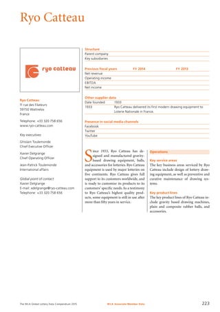 The WLA Global Lottery Data Compendium 2015
Ryo Catteau
Ryo Catteau
11 rue des Filateurs
59150 Wattrelos
France
Telephone: +33 320 758 656
www.ryo-catteau.com
Key executives
Ghislain Toulemonde
Chief Executive Officer
Xavier Delgrange
Chief Operating Officer
Jean-Patrick Toulemonde
International affairs
Global point of contact
Xavier Delgrange
E-mail: xdelgrange@ryo-catteau.com
Telephone: +33 320 758 656
Structure
Parent company	
Key subsidiaries	
Previous fiscal years	 FY 2014	 FY 2013
Net revenue				
Operating income				
EBITDA				
Net income				
Other supplier data
Date founded	 1933
1933	 Ryo Catteau delivered its first modern drawing equipment to
	 Loterie Nationale in France.
Presence in social media channels
Facebook	
Twitter	
YouTube	
Operations
Key service areas
The key business areas serviced by Ryo
Catteau include design of lottery draw-
ing equipment, as well as preventive and
curative maintenance of drawing sys-
tems.
Key product lines
The key product lines of Ryo Catteau in-
clude gravity based drawing machines,
plain and composite rubber balls, and
accessories.
S
ince 1933, Ryo Catteau has de-
signed and manufactured gravity-
based drawing equipment, balls,
and accessories for lotteries. Ryo Catteau
equipment is used by major lotteries on
five continents. Ryo Catteau gives full
support to its customers worldwide, and
is ready to customize its products to its
customers’ specific needs.As a testimony
to Ryo Catteau’s highest quality prod-
ucts, some equipment is still in use after
more than fifty years in service.
WLA Associate Member Data 223
 