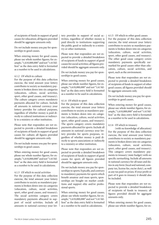 The WLA Global Lottery Data Compendium 2015
of recipients of funds in support of good
causes for education; all figures provided
should be aggregate amounts only.
Do not include money you pay for spon-
sorships to good causes.
When entering money for good causes,
please use whole number figures, for ex-
ample,“1,610,000,000”and not“1.61 bil-
lion” as the data entry field is formatted
as a number to be used in calculations.
4.1.2	 Of which to culture
For the purpose of this data collection
exercise, the total amount your lottery
contributes to society as mandatory pay-
ments is broken down into six categories
(education, culture, social activities,
sport, other good causes, and treasury).
The culture category covers mandatory
payments allocated for culture. Include
all amounts in national currency your
lottery provides for cultural purposes,
regardless of whether money is paid di-
rectly to cultural institutions or indirect-
ly to a ministry or other institution.
Please note that respondees are not ex-
pected to provide a detailed breakdown
of recipients of funds in support of good
causes for culture; all figures provided
should be aggregate amounts only.
Do not include money you pay for spon-
sorships to good causes.
When entering money for good causes,
please use whole number figures, for ex-
ample,“1,610,000,000”and not“1.61 bil-
lion” as the data entry field is formatted
as a number to be used in calculations.
4.1.3	 Of which to social activities
For the purpose of this data collection
exercise, the total amount your lottery
contributes to society as mandatory pay-
ments is broken down into six categories
(education, culture, social activities,
sport, other good causes, and treasury).
The social activities category covers
mandatory payments allocated in sup-
port of social activities. Include all
amounts in national currency your lot-
tery provides in support of social ac­
tivities, regardless of whether money is
paid directly to institutions supporting
the public good or indirectly to a minis-
try or other institution.
Please note that respondees are not ex-
pected to provide a detailed breakdown
of recipients of funds in support of good
causes for social activities; all figures pro-
vided should be aggregate amounts only.
Do not include money you pay for spon-
sorships to good causes.
When entering money for good causes,
please use whole number figures, for ex-
ample,“1,610,000,000”and not“1.61 bil-
lion” as the data entry field is formatted
as a number to be used in calculations.
4.1.4	 Of which to sport
For the purpose of this data collection
exercise, the total amount your lottery
contributes to society as mandatory pay-
ments is broken down into six catego-
ries (education, culture, social activities,
sport, other good causes, and treasury).
The sports category covers mandatory
payments allocated for sports. Include all
amounts in national currency your lot-
tery provides for sports purposes, re-
gardless of whether money is paid di-
rectly to sports associations or indirectly
to a ministry or other institution.
Please note that respondees are not ex-
pected to provide a detailed breakdown
of recipients of funds in support of good
causes for sport; all figures provided
should be aggregate amounts only.
Do not include money you pay for spon-
sorships to sports.Typically,and contrary
to mandatory payments for sports which
benefit amateur and mass sports, spon-
sorships are bought on market condi-
tions and support elite and/or profes-
sional sports.
When entering money for good causes,
please use whole number figures, for ex-
ample,“1,610,000,000”and not“1.61 bil-
lion” as the data entry field is formatted
as a number to be used in calculations.
4.1.5	 Of which to other good causes
For the purpose of this data collection
exercise, the total amount your lottery
contributes to society as mandatory pay-
ments is broken down into six categories
(education, culture, social activities,
sport, other good causes, and treasury).
The other good cause category covers
mandatory payments specifically ear-
marked for good causes other than edu-
cation, culture, social activities, and
sport, such as the environment.
Please note that respondees are not ex-
pected to provide a detailed breakdown
of recipients of funds in support of other
good causes; all figures provided should
be aggregate amounts only.
Do not include money you pay for spon-
sorships to good causes.
When entering money for good causes,
please use whole number figures, for ex-
ample,“1,610,000,000”and not“1.61 bil-
lion” as the data entry field is formatted
as a number to be used in calculations.
4.1.6	 Of which to treasury
		 (with no knowledge of allocation)
For the purpose of this data collection
exercise, the total amount your lottery
contributes to society as mandatory pay-
ments is broken down into six categories
(education, culture, social activities,
sport, other good causes, and treasury).
This category covers mandatory pay-
ments to treasury (state budget) with no
specific earmarking. Include all amounts
in national currency for all taxes and du-
ties in any form (local and national,com-
pany tax, license fee, excise duty), as well
as any tax paid on prizes. If your profit or
part of it goes to treasury it should also
be included.
Please note that respondees are not ex-
pected to provide a detailed breakdown
of recipients of funds to treasury; all
figures provided should be aggregate
amounts only.
When entering money for good causes,
please use whole number figures, for ex-
245
 