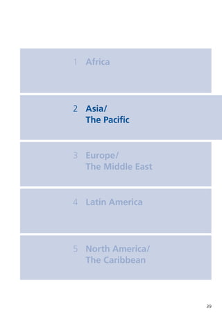1	 Africa
2	 Asia/
	 The Pacific
4	 Latin America
3	 Europe/
	 The Middle East
5	 North America/
	 The Caribbean
39
 