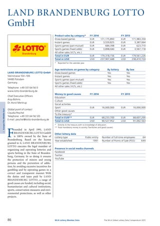 The WLA Global Lottery Data Compendium 2015
Land Brandenburg Lotto
GmbH
Product sales by category*	 FY 2014		 FY 2013
Draw-based games	 EUR	 171,175,893	 EUR	 171,983,334
Instant games	 EUR	 3,559,825	 EUR	 3,387,064
Sports games (pari-mutuel)	 EUR	 684,398	 EUR	 623,710
Sports games (fixed odds)	 EUR	 3,898,040	 EUR	 3,567,118
All other sales (VLTs, etc.)				
Total in EUR	 EUR	 179,318,156	 EUR	 179,561,226
Total in USD	 USD	 237,907,448	 USD	 238,410,724
*	 Reported for the calendar year.
Age restrictions on games by category	 By lottery	 By law
Draw-based games	 Yes	 Yes
Instant games	 Yes	 Yes
Sports games (pari-mutuel)	 Yes	 Yes
Sports games (fixed odds)	 Yes	 Yes
All other sales (VLTs, etc.)		
Money to good causes	 FY 2014		 FY 2013
Education				
Culture				
Social activities				
Sport	 EUR	 16,000,000	 EUR	 16,000,000
Other good causes				
To the treasury*				
Total in EUR**	 EUR	 68,233,700	 EUR	 68,607,200
Total in USD	 USD	 90,527,952	 USD	 91,092,563
*	 Directly to the treasury with no knowledge of allocation.
**	Total mandatory money to society (Tax/duties and good causes).
Other lottery data
Lottery type	 Public entity 	 Number of full-time employees	 64
Year established	 1991 	 Number of Points of Sale (POS)	 644
Presence in social media channels
Facebook	
Twitter	
YouTube	
F
ounded in April 1991, Land
Brandenburg Lotto GmbH
is 100% owned by the State of
Brandenburg. Based on the license
granted to it, Land Brandenburg
Lotto executes the legal mandate of
organizing and operating lotteries and
sports betting in the State of Branden­
burg, Germany. In so doing it ensures
the protection of minors and young
persons and the prevention of addic-
tion, by avoiding excessive incentives for
gambling and by operating games in a
correct and transparent manner. With
the duties and taxes paid by Land
Brandenburg Lotto, a range of
good causes are funded, including social,
humanitarian and cultural institutions,
sports, conservation measures and envi­
ronmental protections, as well as other
projects.
Land Brandenburg Lotto GmbH
Steinstrasse 104 –106
14480 Potsdam
Germany
Telephone: +49 331 64 56 0
www.lotto-brandenburg.de
Chief Executive Officers
Anja Bohms
Dr.Horst Mentrup
Global point of contact
Claudia Peschel
Telephone: +49 331 64 56 120
E-mail: peschel@lotto-brandenburg.de
86 WLA Lottery Member Data
3Europe/TheMiddleEast
 