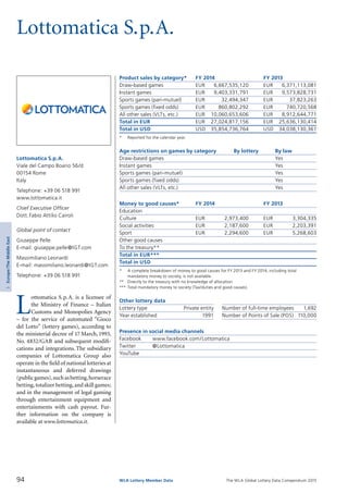The WLA Global Lottery Data Compendium 2015
Lottomatica S.p.A.
Product sales by category*	 FY 2014		 FY 2013
Draw-based games	 EUR	 6,667,535,120	 EUR	 6,371,113,081
Instant games	 EUR	 9,403,331,791	 EUR	 9,573,828,731
Sports games (pari-mutuel)	 EUR	 32,494,347	 EUR	 37,823,263
Sports games (fixed odds)	 EUR	 860,802,292	 EUR	 740,720,568
All other sales (VLTs, etc.)	 EUR	 10,060,653,606	 EUR	 8,912,644,771
Total in EUR	 EUR	 27,024,817,156	 EUR	 25,636,130,414
Total in USD	 USD	 35,854,736,764	 USD	 34,038,130,361
*	 Reported for the calendar year.
Age restrictions on games by category	 By lottery	 By law
Draw-based games		 Yes
Instant games		 Yes
Sports games (pari-mutuel)		 Yes
Sports games (fixed odds)		 Yes
All other sales (VLTs, etc.)		 Yes
Money to good causes*	 FY 2014		 FY 2013
Education				
Culture	 EUR	 2,973,400	 EUR	 3,304,335
Social activities	 EUR	 2,187,600	 EUR	 2,203,391
Sport	 EUR	 2,294,600	 EUR	 5,268,603
Other good causes				
To the treasury**				
Total in EUR***				
Total in USD				
*	 A complete breakdown of money to good causes for FY 2013 and FY 2014, including total
	 mandatory money to society, is not available.
**	 Directly to the treasury with no knowledge of allocation.
***	Total mandatory money to society (Tax/duties and good causes).
Other lottery data
Lottery type	 Private entity 	 Number of full-time employees	 1,692
Year established	 1991 	 Number of Points of Sale (POS)	 110,000
Presence in social media channels
Facebook	 www.facebook.com/Lottomatica
Twitter	 @Lottomatica
YouTube	
L
ottomatica S.p.A. is a licensee of
the Ministry of Finance – Italian
Customs and Monopolies Agency
– for the service of automated “Gioco
del Lotto” (lottery games), according to
the ministerial decree of 17 March, 1993,
No. 4832/GAB and subsequent modifi­
cations and integrations.The subsidiary
companies of Lottomatica Group also
operate in the field of national lotteries at
instantaneous and deferred drawings
(publicgames),suchasbetting,horserace
betting,totalizer betting,and skill games;
and in the management of legal gaming
through entertainment equipment and
entertainments with cash payout. Fur­
ther information on the company is
available at www.lottomatica.it.
Lottomatica S.p.A.
Viale del Campo Boario 56/d
00154 Rome
Italy
Telephone: +39 06 518 991
www.lottomatica.it
Chief Executive Officer
Dott.Fabio Attilio Cairoli
Global point of contact
Giuseppe Pelle
E-mail: giuseppe.pelle@IGT.com
Massimiliano Leonardi
E-mail: massimiliano.leonardi@IGT.com
Telephone: +39 06 518 991
94 WLA Lottery Member Data
3Europe/TheMiddleEast
 