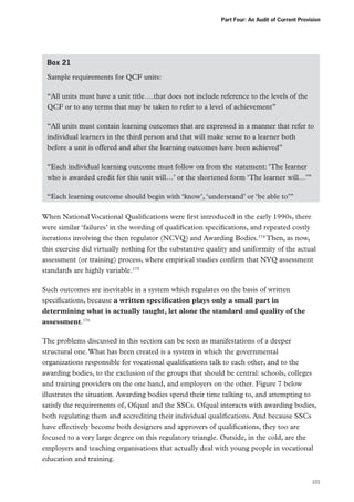Part Four: An Audit of Current Provision

Box 21
Sample requirements for QCF units:
“All units must have a unit title….that does not include reference to the levels of the
QCF or to any terms that may be taken to refer to a level of achievement”
“All units must contain learning outcomes that are expressed in a manner that refer to
individual learners in the third person and that will make sense to a learner both
before a unit is offered and after the learning outcomes have been achieved”
“Each individual learning outcome must follow on from the statement: ‘The learner
who is awarded credit for this unit will…’ or the shortened form ‘The learner will…’”
“Each learning outcome should begin with ‘know’, ‘understand’ or ‘be able to’”
When National Vocational Qualifications were first introduced in the early 1990s, there
were similar ‘failures’ in the wording of qualification specifications, and repeated costly
iterations involving the then regulator (NCVQ) and Awarding Bodies.174 Then, as now,
this exercise did virtually nothing for the substantive quality and uniformity of the actual
assessment (or training) process, where empirical studies confirm that NVQ assessment
standards are highly variable.175
Such outcomes are inevitable in a system which regulates on the basis of written
specifications, because a written specification plays only a small part in
determining what is actually taught, let alone the standard and quality of the
assessment.176
The problems discussed in this section can be seen as manifestations of a deeper
structural one. What has been created is a system in which the governmental
organizations responsible for vocational qualifications talk to each other, and to the
awarding bodies, to the exclusion of the groups that should be central: schools, colleges
and training providers on the one hand, and employers on the other. Figure 7 below
illustrates the situation. Awarding bodies spend their time talking to, and attempting to
satisfy the requirements of, Ofqual and the SSCs. Ofqual interacts with awarding bodies,
both regulating them and accrediting their individual qualifications. And because SSCs
have effectively become both designers and approvers of qualifications, they too are
focused to a very large degree on this regulatory triangle. Outside, in the cold, are the
employers and teaching organisations that actually deal with young people in vocational
education and training.
101

 