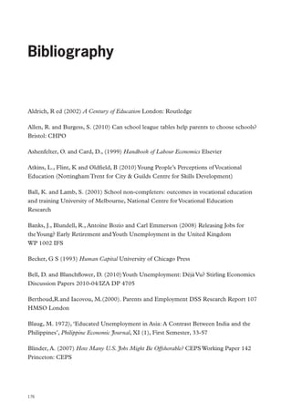 Review of Vocational Education – The Wolf Report

Bibliography

Aldrich, R ed (2002) A Century of Education London: Routledge
Allen, R. and Burgess, S. (2010) Can school league tables help parents to choose schools?
Bristol: CHPO
Ashenfelter, O. and Card, D., (1999) Handbook of Labour Economics Elsevier
Atkins, L., Flint, K and Oldfield, B (2010) Young People’s Perceptions of Vocational
Education (Nottingham Trent for City  Guilds Centre for Skills Development)
Ball, K. and Lamb, S. (2001) School non-completers: outcomes in vocational education
and training University of Melbourne, National Centre for Vocational Education
Research
Banks, J., Blundell, R., Antoine Bozio and Carl Emmerson (2008) Releasing Jobs for
the Young? Early Retirement and Youth Unemployment in the United Kingdom
WP 1002 IFS
Becker, G S (1993) Human Capital University of Chicago Press
Bell, D. and Blanchflower, D. (2010) Youth Unemployment: Déjà Vu? Stirling Economics
Discussion Papers 2010-04/IZA DP 4705
Berthoud,R.and Iacovou, M.(2000). Parents and Employment DSS Research Report 107
HMSO London
Blaug, M. 1972), ‘Educated Unemployment in Asia: A Contrast Between India and the
Philippines’, Philippine Economic Journal, XI (1), First Semester, 33-57
Blinder, A. (2007) How Many U.S. Jobs Might Be Offshorable? CEPS Working Paper 142
Princeton: CEPS

176

 
