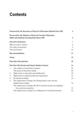 Contents

Foreword by the Secretary of State for Education Michael Gove MP	

4

Foreword by the Minister of State for Further Education,
Skills and Lifelong Learning John Hayes MP	

6

Executive Summary	

7

What we want to achieve	

8

The wider environment	
The way forward	

9
10

Recommendations	

13

Scope	

19

Part One: Introduction	

20

Part Two: The Social and Labour Market Context	

24

1.	

24
28
30
33
35

2.	
3.	
4.	
5.	

The collapse of youth labour markets 	
The nature of the labour market	
High returns to education and qualifications	
High returns to apprenticeship and employment	
Occupational change	
The implications of change (A): Young people’s entry into the
English labour market	
The implications of change (B): How education systems are adapting –
facts and misconceptions	
The implications of change (C): challenges for vocational education	

36
39
43

1

 
