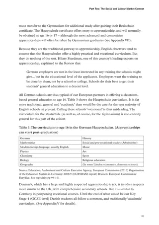 Part Two: The Social and Labour Market Context

must transfer to the Gymnasium for additional study after gaining their Realschule
certificate. The Hauptschule certificate offers entry to apprenticeship, and will normally
be obtained at age 16 or 17 – although the most advanced and competitive
apprenticeships will often be taken by Gymnasium graduates (see Appendix VII).
Because they are the traditional gateway to apprenticeship, English observers tend to
assume that the Hauptschulen offer a highly practical and vocational curriculum. But
they do nothing of the sort. Hilary Steedman, one of this country’s leading experts on
apprenticeship, explained to the Review that
German employers are not in the least interested in any training the schools might
give... but in the educational level of the applicants. Employers want the training to
be done by them, not by a school or college. Schools do their best to get their
students’ general education to a decent level.
All German schools are thus typical of our European partners in offering a classroombased general education to age 16. Table 3 shows the Hauptschule curriculum. It is far
more traditional, general and ‘academic’ than would be the case for the vast majority of
English schools at present. Calling these schools ‘vocational’ is thus misleading. The
curriculum for the Realschule (as well as, of course, for the Gymnasium) is also entirely
general for this part of the cohort.
Table 3: The curriculum to age 16 in the German Hauptschulen. (Apprenticeships
can start post-graduation)
German

History

Mathematics

Social and pre-vocational studies (Arbeitslehre)

Modern foreign language, usually English

Music

Physics

Art

Chemistry

Sport

Biology

Religious education

Geography

(In some Länder: economics, domestic science)

Source: Education, Audiovisual and Culture Executive Agency, European Commission (2010) Organisation
of the Education System in Germany: 2008/9 (EURYBASE report) Brussels: European Commission/
Eurydice. See especially pp 99-101.

Denmark, which has a large and highly respected apprenticeship track, is in other respects
more similar to the UK, with comprehensive secondary schools. But it is similar to
Germany in postponing vocational courses. Until the end of what would be our Key
Stage 4 (GCSE-level) Danish students all follow a common, and traditionally ‘academic’
curriculum. (See Appendix V for details).

41

 