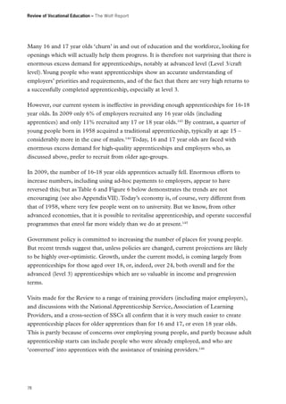 Review of Vocational Education – The Wolf Report

Many 16 and 17 year olds ‘churn’ in and out of education and the workforce, looking for
openings which will actually help them progress. It is therefore not surprising that there is
enormous excess demand for apprenticeships, notably at advanced level (Level 3/craft
level). Young people who want apprenticeships show an accurate understanding of
employers’ priorities and requirements, and of the fact that there are very high returns to
a successfully completed apprenticeship, especially at level 3.
However, our current system is ineffective in providing enough apprenticeships for 16-18
year olds. In 2009 only 6% of employers recruited any 16 year olds (including
apprentices) and only 11% recruited any 17 or 18 year olds.143 By contrast, a quarter of
young people born in 1958 acquired a traditional apprenticeship, typically at age 15 –
considerably more in the case of males.144 Today, 16 and 17 year olds are faced with
enormous excess demand for high-quality apprenticeships and employers who, as
discussed above, prefer to recruit from older age-groups.
In 2009, the number of 16-18 year olds apprentices actually fell. Enormous efforts to
increase numbers, including using ad-hoc payments to employers, appear to have
reversed this; but as Table 6 and Figure 6 below demonstrates the trends are not
encouraging (see also Appendix VII). Today’s economy is, of course, very different from
that of 1958, where very few people went on to university. But we know, from other
advanced economies, that it is possible to revitalise apprenticeship, and operate successful
programmes that enrol far more widely than we do at present.145
Government policy is committed to increasing the number of places for young people.
But recent trends suggest that, unless policies are changed, current projections are likely
to be highly over-optimistic. Growth, under the current model, is coming largely from
apprenticeships for those aged over 18, or, indeed, over 24, both overall and for the
advanced (level 3) apprenticeships which are so valuable in income and progression
terms.
Visits made for the Review to a range of training providers (including major employers),
and discussions with the National Apprenticeship Service, Association of Learning
Providers, and a cross-section of SSCs all confirm that it is very much easier to create
apprenticeship places for older apprentices than for 16 and 17, or even 18 year olds.
This is partly because of concerns over employing young people, and partly because adult
apprenticeship starts can include people who were already employed, and who are
‘converted’ into apprentices with the assistance of training providers.146

78

 