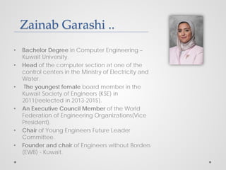 Zainab Garashi ..
• Bachelor Degree in Computer Engineering –
Kuwait University.
• Head of the computer section at one of the
control centers in the Ministry of Electricity and
Water.
• The youngest female board member in the
Kuwait Society of Engineers (KSE) in
2011(reelected in 2013-2015).
• An Executive Council Member of the World
Federation of Engineering Organizations(Vice
President).
• Chair of Young Engineers Future Leader
Committee.
• Founder and chair of Engineers without Borders
(EWB) - Kuwait.
 