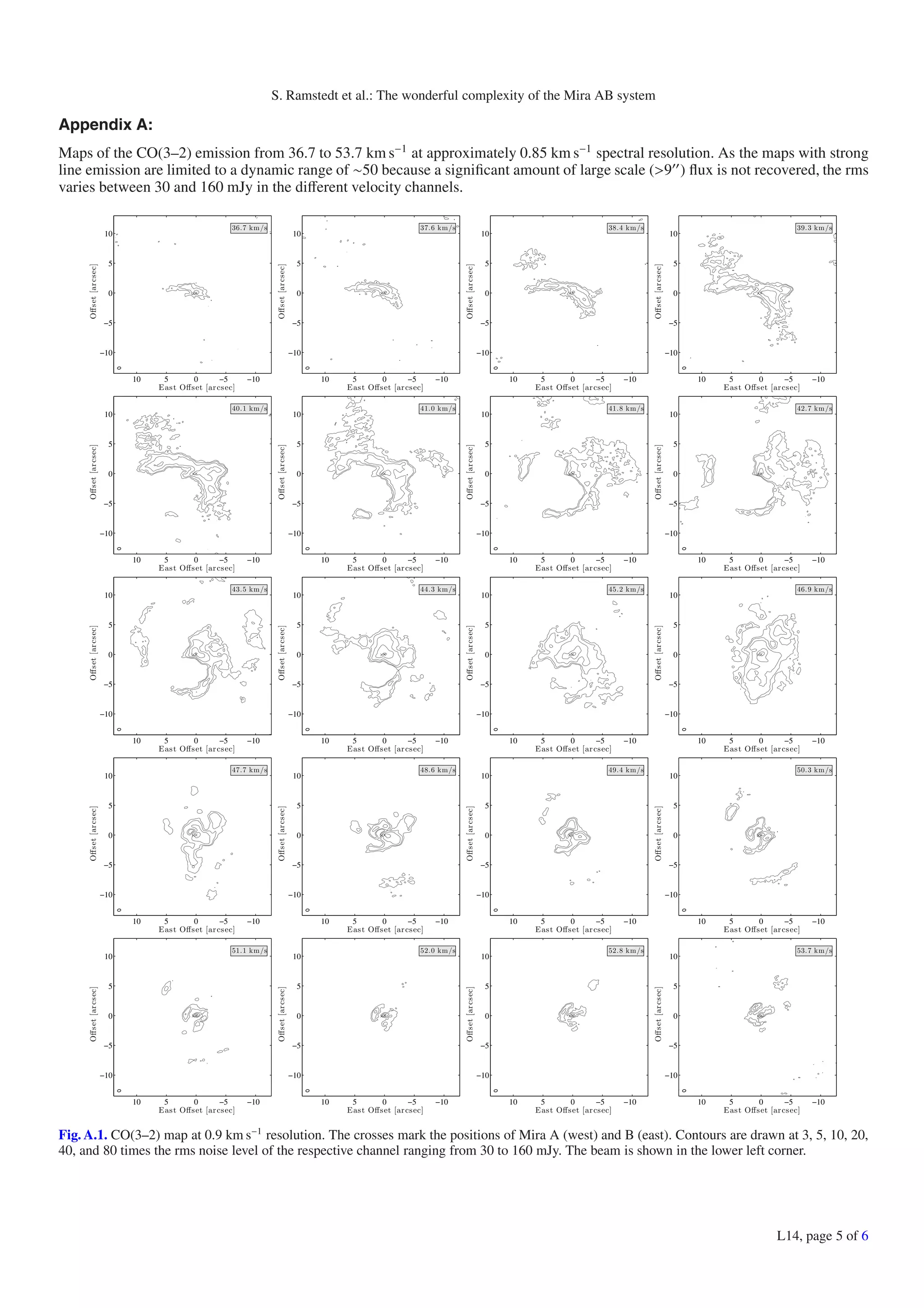 S. Ramstedt et al.: The wonderful complexity of the Mira AB system 
Appendix A: 
Maps of the CO(3–2) emission from 36.7 to 53.7 kms−1 at approximately 0.85 km s−1 spectral resolution. As the maps with strong 
line emission are limited to a dynamic range of ∼50 because a significant amount of large scale (9) flux is not recovered, the rms 
varies between 30 and 160 mJy in the different velocity channels. 
36.7 km/s 
East Offset [arcsec] 
Offset [arcsec] 
10 5 0 −5 −10 
10 
5 
0 
−5 
−10 
37.6 km/s 
East Offset [arcsec] 
Offset [arcsec] 
10 5 0 −5 −10 
10 
5 
0 
−5 
−10 
38.4 km/s 
East Offset [arcsec] 
Offset [arcsec] 
10 5 0 −5 −10 
10 
5 
0 
−5 
−10 
39.3 km/s 
East Offset [arcsec] 
Offset [arcsec] 
10 5 0 −5 −10 
10 
5 
0 
−5 
−10 
40.1 km/s 
East Offset [arcsec] 
Offset [arcsec] 
10 5 0 −5 −10 
10 
5 
0 
−5 
−10 
41.0 km/s 
East Offset [arcsec] 
Offset [arcsec] 
10 5 0 −5 −10 
10 
5 
0 
−5 
−10 
41.8 km/s 
East Offset [arcsec] 
Offset [arcsec] 
10 5 0 −5 −10 
10 
5 
0 
−5 
−10 
42.7 km/s 
East Offset [arcsec] 
Offset [arcsec] 
10 5 0 −5 −10 
10 
5 
0 
−5 
−10 
43.5 km/s 
East Offset [arcsec] 
Offset [arcsec] 
10 5 0 −5 −10 
10 
5 
0 
−5 
−10 
44.3 km/s 
East Offset [arcsec] 
Offset [arcsec] 
10 5 0 −5 −10 
10 
5 
0 
−5 
−10 
45.2 km/s 
East Offset [arcsec] 
Offset [arcsec] 
10 5 0 −5 −10 
10 
5 
0 
−5 
−10 
46.9 km/s 
East Offset [arcsec] 
Offset [arcsec] 
10 5 0 −5 −10 
10 
5 
0 
−5 
−10 
47.7 km/s 
East Offset [arcsec] 
Offset [arcsec] 
10 5 0 −5 −10 
10 
5 
0 
−5 
−10 
48.6 km/s 
East Offset [arcsec] 
Offset [arcsec] 
10 5 0 −5 −10 
10 
5 
0 
−5 
−10 
49.4 km/s 
East Offset [arcsec] 
Offset [arcsec] 
10 5 0 −5 −10 
10 
5 
0 
−5 
−10 
50.3 km/s 
East Offset [arcsec] 
Offset [arcsec] 
10 5 0 −5 −10 
10 
5 
0 
−5 
−10 
51.1 km/s 
East Offset [arcsec] 
Offset [arcsec] 
10 5 0 −5 −10 
10 
5 
0 
−5 
−10 
52.0 km/s 
East Offset [arcsec] 
Offset [arcsec] 
10 5 0 −5 −10 
10 
5 
0 
−5 
−10 
52.8 km/s 
East Offset [arcsec] 
Offset [arcsec] 
10 5 0 −5 −10 
10 
5 
0 
−5 
−10 
53.7 km/s 
East Offset [arcsec] 
Offset [arcsec] 
10 5 0 −5 −10 
10 
5 
0 
−5 
−10 
Fig. A.1. CO(3–2) map at 0.9 km s−1 resolution. The crosses mark the positions of Mira A (west) and B (east). Contours are drawn at 3, 5, 10, 20, 
40, and 80 times the rms noise level of the respective channel ranging from 30 to 160 mJy. The beam is shown in the lower left corner. 
L14, page 5 of 6 
 