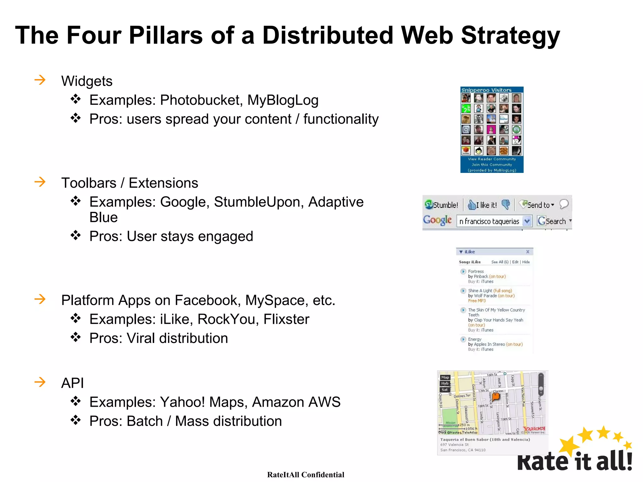 The Four Pillars of a Distributed Web Strategy Widgets Examples: Photobucket, MyBlogLog Pros: users spread your content / functionality Toolbars / Extensions Examples: Google, StumbleUpon, Adaptive Blue Pros: User stays engaged Platform Apps on Facebook, MySpace, etc. Examples: iLike, RockYou, Flixster Pros: Viral distribution API Examples: Yahoo! Maps, Amazon AWS Pros: Batch / Mass distribution 