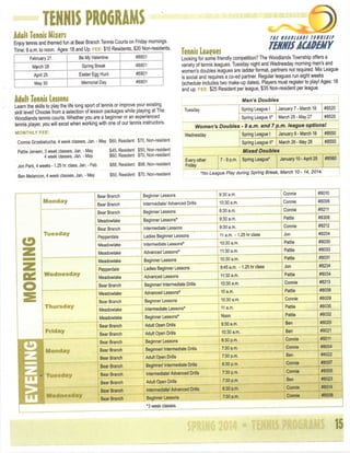 TENNIS PROGRAMS
Adult Tennis Mixers

Til

Enjoy tennis and ttiemed fun at Bear Branch Tennis Courts on Friday mornings.
Time: 9 a.m. to noon. Ages: 18 and Up. FtE. $15 Residents, $20 Non-residents.
February 21

Be My Valentine

#8801

IVIarch 28

Spring Break

#8801

April 25

Easter Egg Hunt

#8801

May 30

Memorial Day

#8801

Adult Tennis Lessons

Looking for some friendly competition? The Woodlands Township offers a
variety of tennis leagues. Tuesday night and Wednesday morning men's and
women's doubles leagues are ladder format, partners not required. Mix League
Is social and requires a co-ed partner Regular leagues run eight weeks
(schedule Includes two make-up dates). Players must register to play! Ages: 18
and up. FEE: $25 Resident per league, $35 Non-resident per league.

MONTHLY F E E ;

Connie Grzebielucha, 4 week classes, Jan. - May $60, Resident $70, Non-resident

Men's Doubles
Tuesday

Spring League 1

$88, Resident $98, Non-resident

Ben Melancon, 4 week classes, Jan. - May

January 7 - March 18

#8520

Spring League II*

March 25-May 27

#8520

Women's Doubles • 9 a.m. and 7 p.m. league optional
Spring League 1

January 8 - March 19

#8550

Spring League II*

Wednesday

$45, Resident $50, Non-resident
$60, Resident $70, Non-resident

Jon Park, 4 weeks -1.25 tir. class, Jan. - Feb.

March 26-May 28

#8550

Mixed Doubles
Every other
Friday

$60, Resident $70, Non-resident

Monday

rmisjamY

T«nni,iMe.«

Learn the skills to play the life long sport of tennis or Improve your existing
skill level! Choose from a selection of lesson packages while playing at The
Woodlands tennis courts. Whether you are a beginner or an experienced
tennis player, you will excel when working with one of our tennis instructors.

Rattle Jensen, 3 week classes, Jan. - May
4 week classes, Jan. - May

tf fit PUMPS TO WIS IIP

7 - 9 p.m.

Spring League*

i January 10 - April 25

j #8560

'No League Play during Spnng Break, March 10 -14, 2014.

Bear Branch

Beginner Lessons

9:30 a.m.

Connie

#8010

Bear Branch

Intermediate/ Advanced Drills

10:30 a.m.

Connie

#8006

Bear Branch

#8211

Pattie

#8306

Bear Branch

Intermediate Lessons

9:30 a.m.

Connie

#8212

Pepperdale

Ladies Beginner Lessons

11 a.m. -1.25 hr class

Jon

#8234

Intermediate Lessons*

10:30 a.m.

Pattie

#8030

Advanced Lessons*

11:30 a.m.

Pattie

#8033

Meadowlake
Wednesday

Connie

9:30 a.m.

Meadowlake

o

8:30 a.m.

Beginner Lessons*

Meadowlake

Tuesday

Beginner Lessons

Meadowlake

Beginner Lessons

10:30 a.m.

PatUe

#8031

Pepperdale

Ladles Beginner Lessons

9:45 a.m. -1.25 hr class

Jon

#8234

Meadowlake

Advanced Lessons

11:30 a.m.

Pattie

#8034

Connie

#8213

Bear Branch

10:30 a.m.

Meadowlake
Thursday

Beginner/ Intermediate Drills
Advanced Lessons*

10 a.m.

Pattie

#8038

Bear Branch

Beginner Lessons

10:30 a.m.

Connie

#8009

Meadowlake

Intermediate Lessons*

11 a.m.

Pattie

#8035

Meadowlake

#8020

Bear Branch

Adult Open Drills

10:30 a.m.

Ben

#8021

Beginner Lessons

6:30 p.m.

Connie

#8011

Bear Branch

Beginner/ Intermediate Drills

7:30 p.m.

Connie

#8004

Adult Open Drills

7:30 p.m.

Ben

#8022

Beginner/ Intermediate Drills

6:30 p.m.

Connie

#8007

Bear Branch

Intermediate/ Advanced Drills

7:30 p.m.

Connie

#8005

Bear Branch
Wednesday

#8032

Ben

Bear Branch
Tuesday

Pattie

9:30 a.m.

Bear Branch

Monday

Noon

Adult Open Drills

Bear Branch

Friday

Beginner Lessons*

Bear Branch

Adult Open Drills

7:30 p.m.

Ben

#8023

Bear Branch

Intermediate/ Advanced Drills

6:30 p.m.

Connie

#8014

Bear Branch

Beginner Lessons

7:30 p.m.

Connie

#8008

*3 week classes.

 