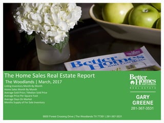 The	Home	Sales	Real	Estate	Report	
	The	Woodlands	|	March,	2017	
Lis>ng	Inventory	Month	By	Month	
Home	Sales	Month	By	Month		
Average	Sold	Price	/	Median	Sold	Price		
Average	Price	Per	Square	Foot	
Average	Days	On	Market		
Months	Supply	of	For	Sale	Inventory	
	
	
	
9000 Forest Crossing Drive | The Woodlands TX 77381 | 281-367-3531
281-367-3531
 