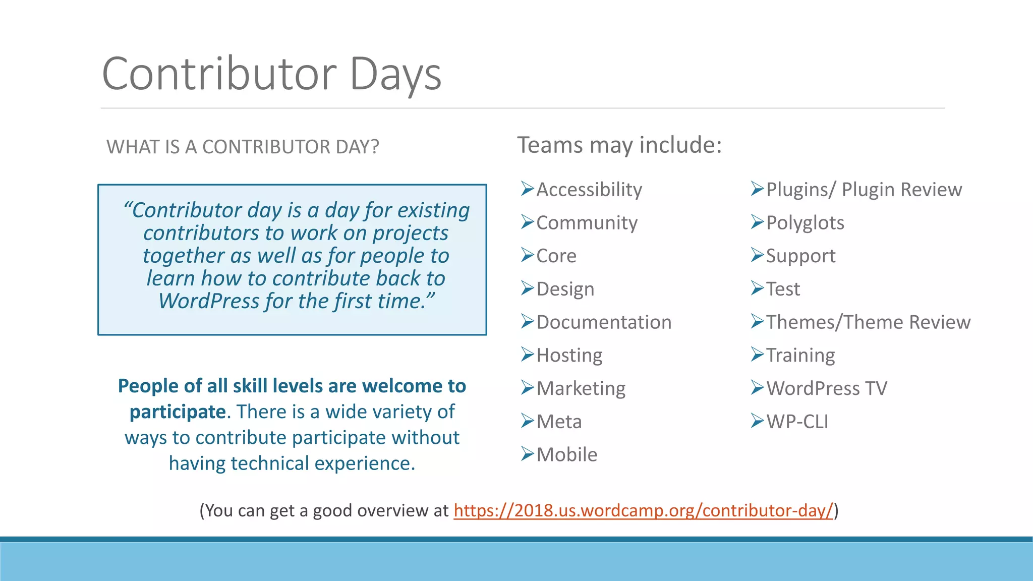 Contributor Days
WHAT IS A CONTRIBUTOR DAY?
“Contributor day is a day for existing
contributors to work on projects
together as well as for people to
learn how to contribute back to
WordPress for the first time.”
Accessibility
Community
Core
Design
Documentation
Hosting
Marketing
Meta
Mobile
Plugins/ Plugin Review
Polyglots
Support
Test
Themes/Theme Review
Training
WordPress TV
WP-CLI
People of all skill levels are welcome to
participate. There is a wide variety of
ways to contribute participate without
having technical experience.
Teams may include:
(You can get a good overview at https://2018.us.wordcamp.org/contributor-day/)
 